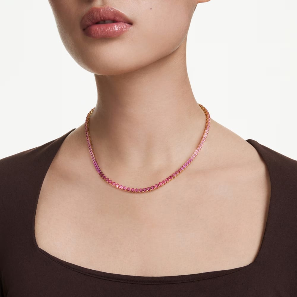 SwarovskiMatrix Tennis kolye Yuvarlak kesim, Pembe, 18k altın rengi yüzey
