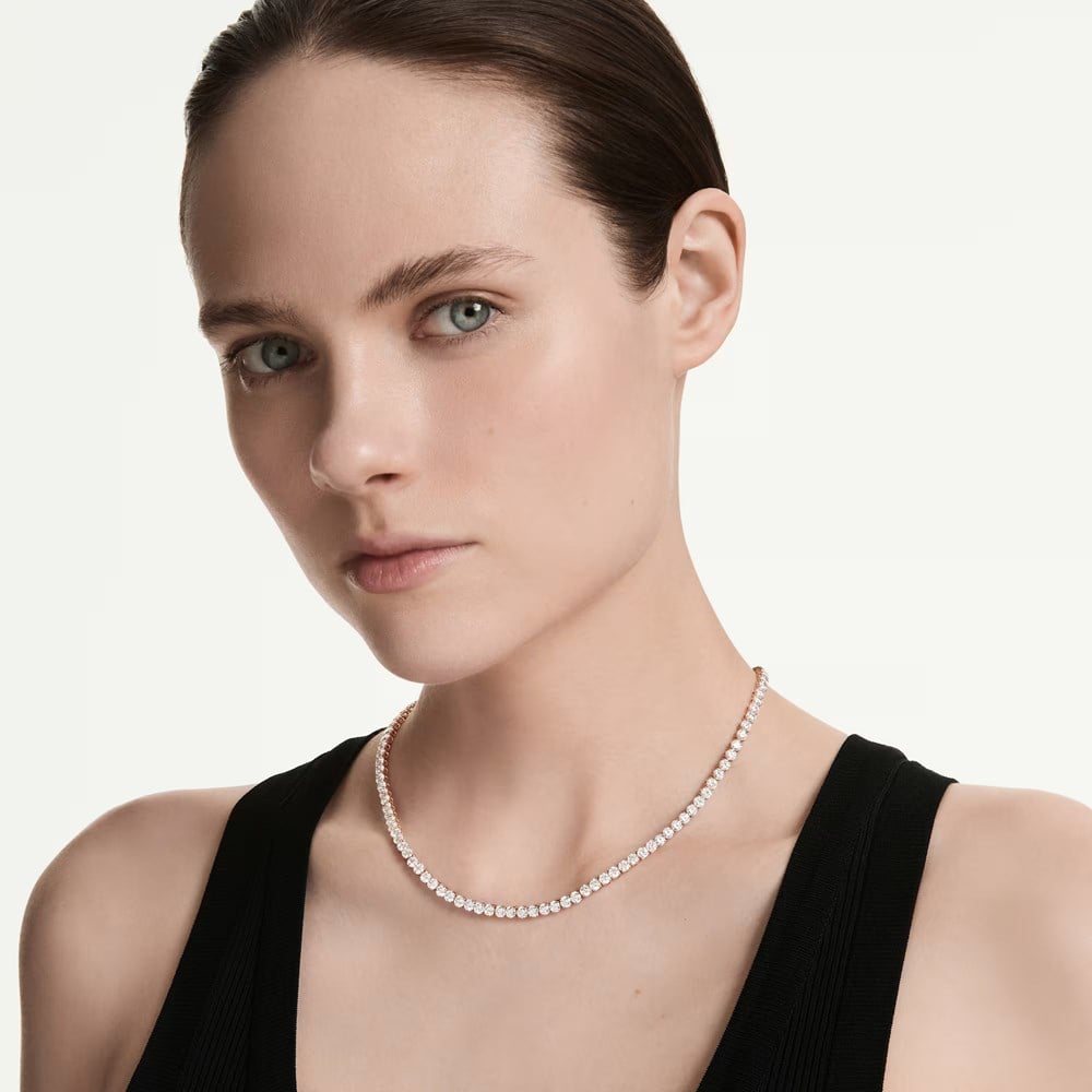 SwarovskiMatrix Tennis kolye Yuvarlak kesim, Beyaz, 18k pembe altın rengi yüzey
