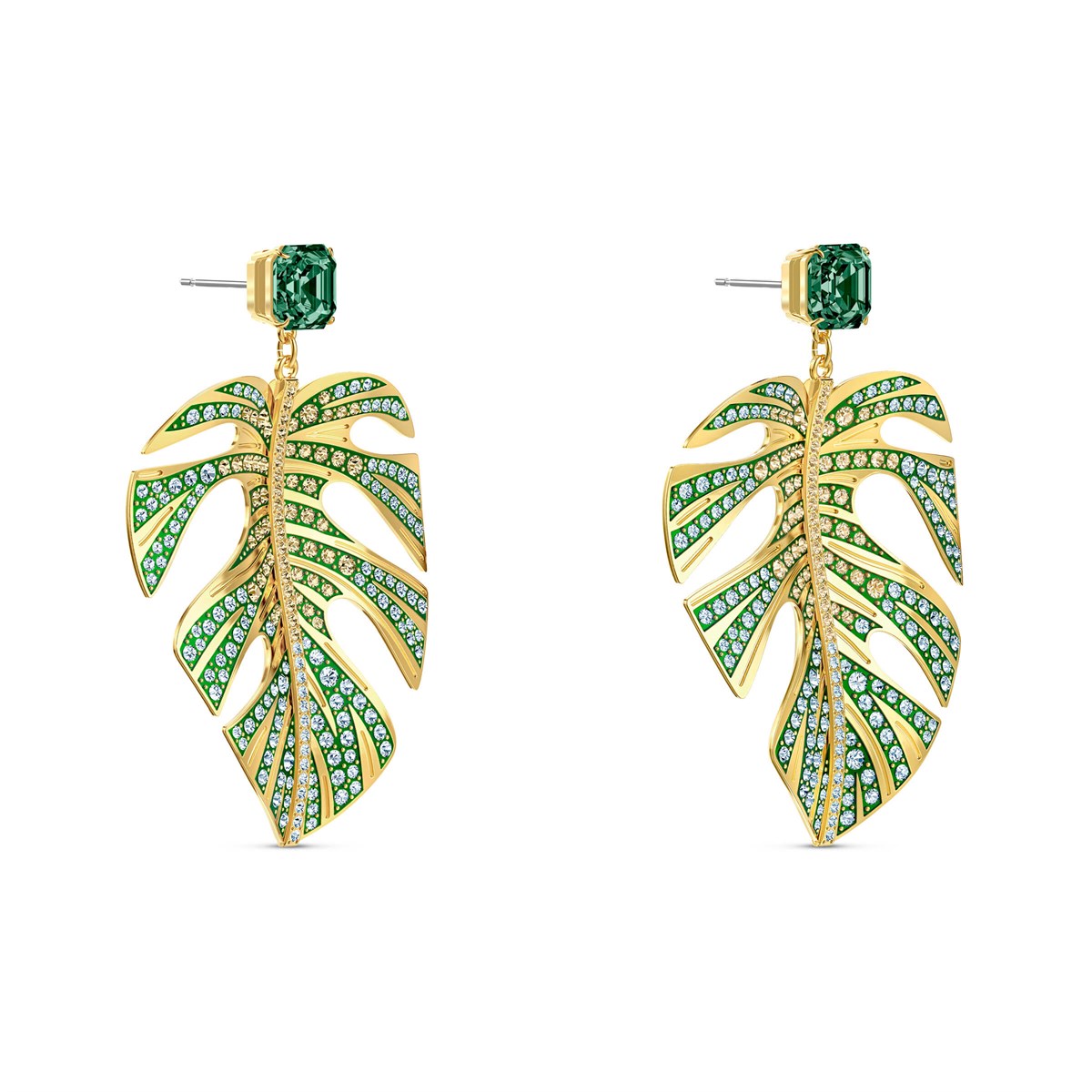 Tropical:Leaf Küpe, Yeşil, Altin Kaplama