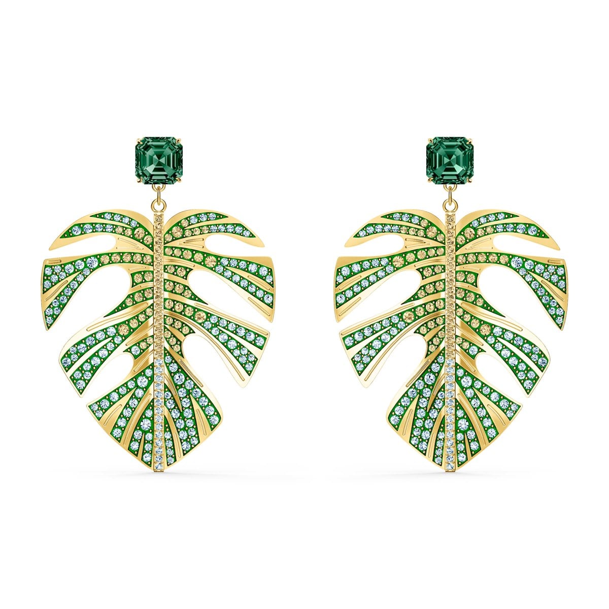 Tropical:Leaf Küpe, Yeşil, Altin Kaplama