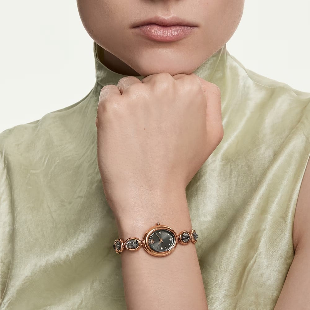 ÜnçerlerImber oval Saat İsviçre Üretimi, Metal bileklik, Siyah, Pembe altın rengi yüzey