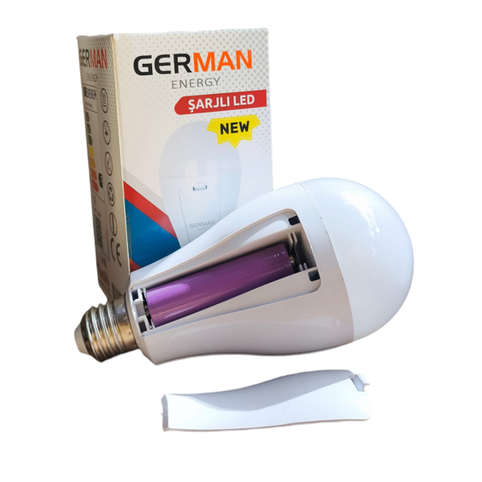 German E27 Şarjlı Led Ampul  30W | 1650 Lümen | 6500k | 80 Ra | 25000 Saat Yanma Süresi | 2x2000mAh 18650 Pil Dahil