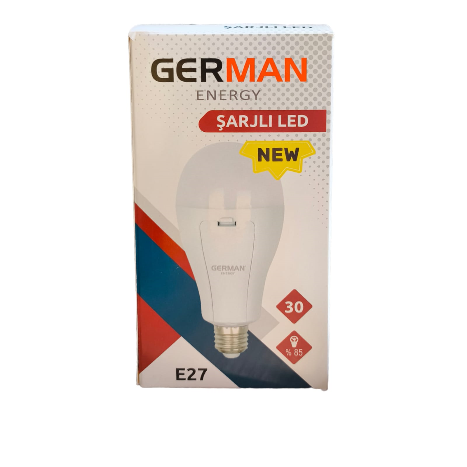German E27 Şarjlı Led Ampul  30W | 1650 Lümen | 6500k | 80 Ra | 25000 Saat Yanma Süresi | 2x2000mAh 18650 Pil Dahil