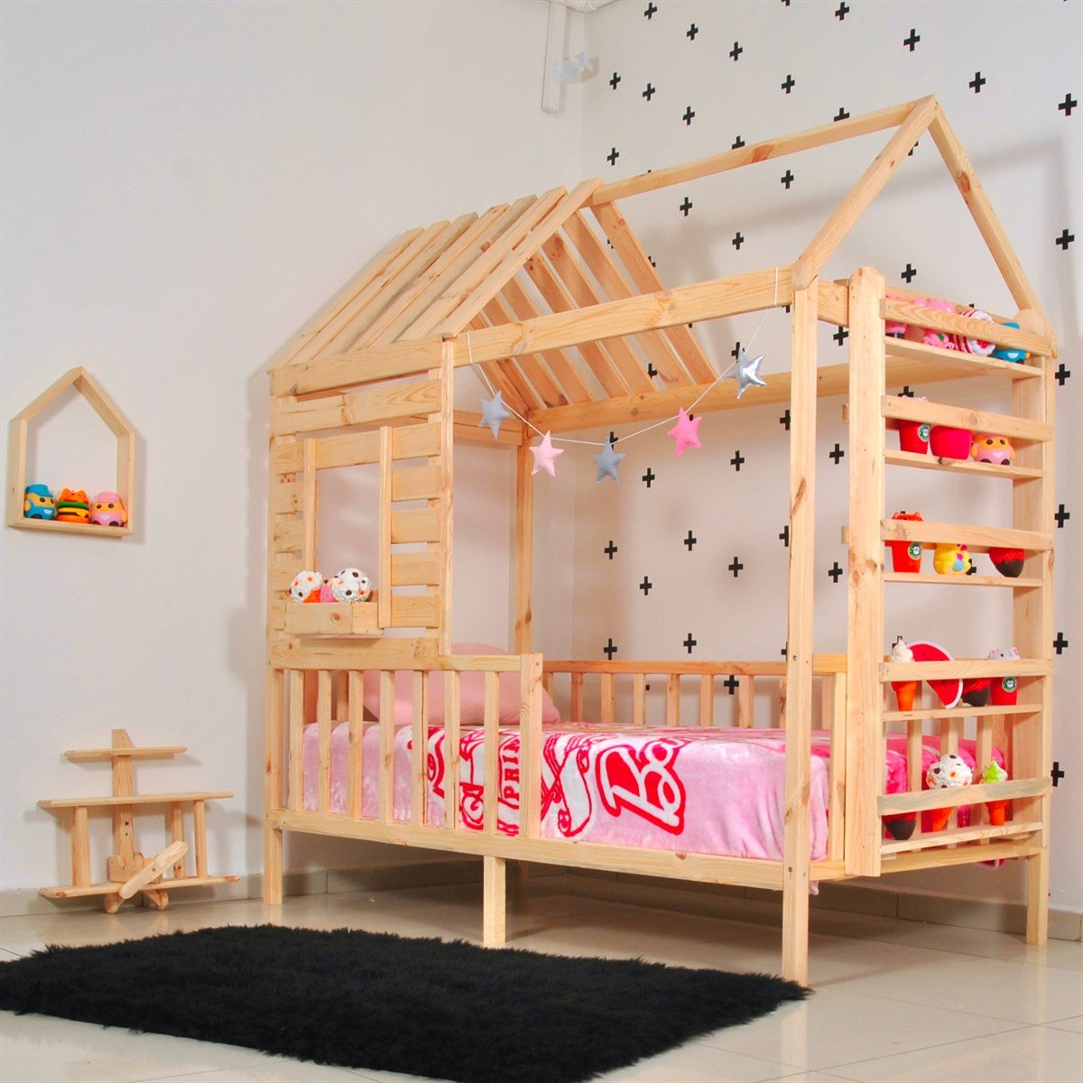 Montessori Çocuk Yatak Çatılı Raflı Doğal Çam  | MarkaawmMontessori Yatak Çatılı Raflı 