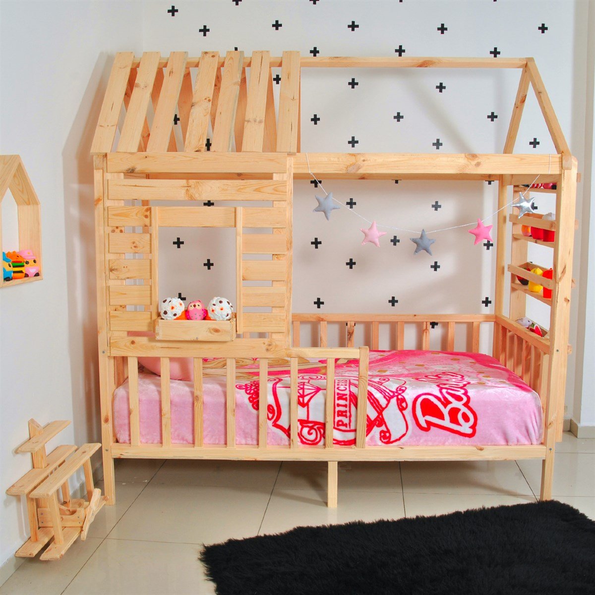 Montessori Çocuk Yatak Çatılı Raflı Doğal Çam  | MarkaawmMontessori Yatak Çatılı Raflı 