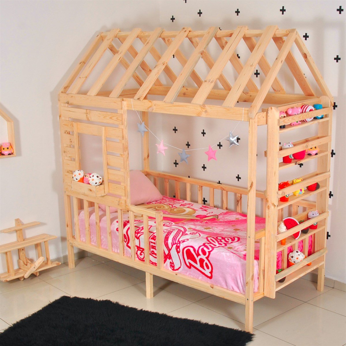 Montessori Yatak Çatılı Doğal Çam Menekşe | MarkaawmMontessori Karyola Raf Çatılı Menekşe