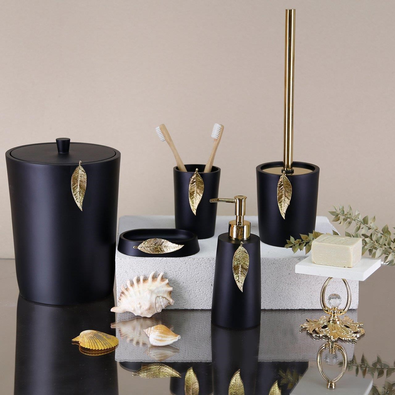 By Selim 5 Parça Polyester Banyo Seti Leaf Banyo Seti Siyah-Altın 