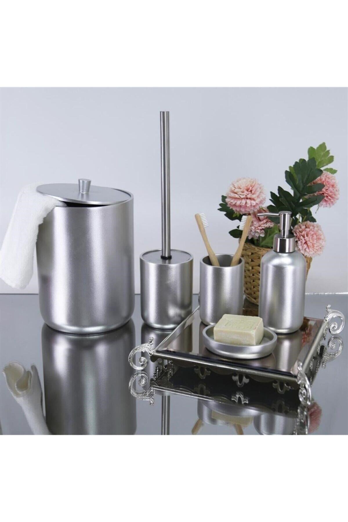 By Selim Elegance Gümüş 5 Parça Polyester Banyo Seti 