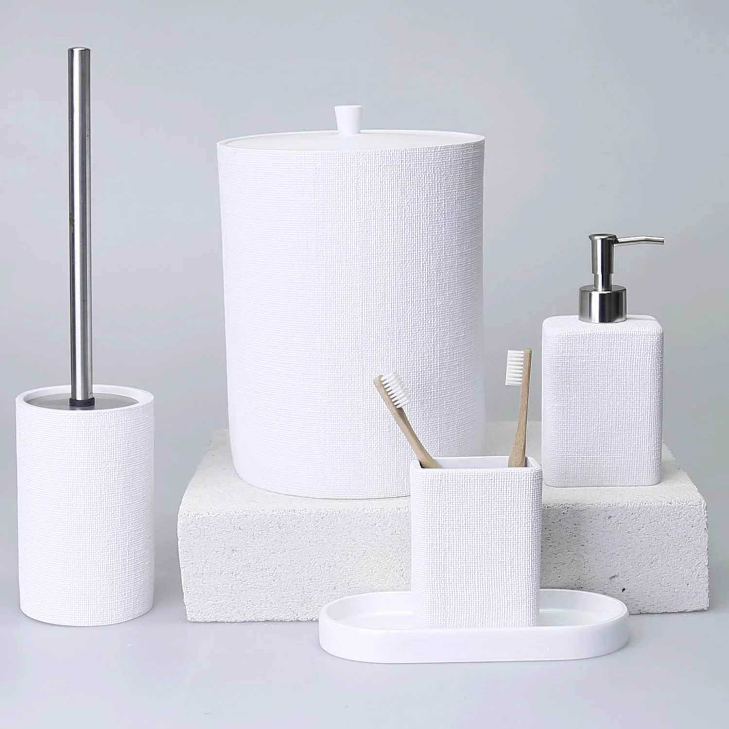 By Selim Linen Beyaz 5 Parça Polyester Banyo Seti 