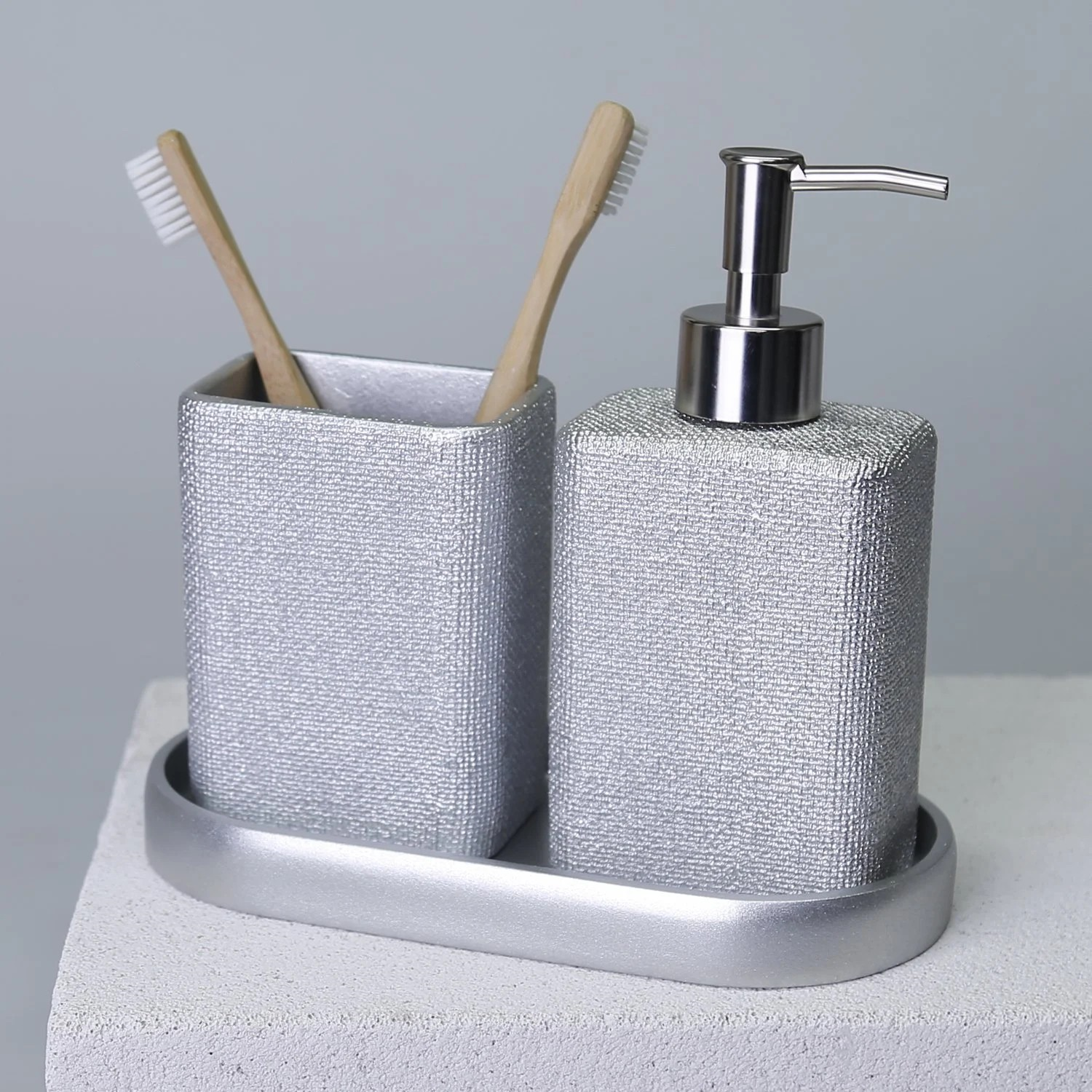 By Selim Linen Gümüş 5 Parça Polyester Banyo Seti 