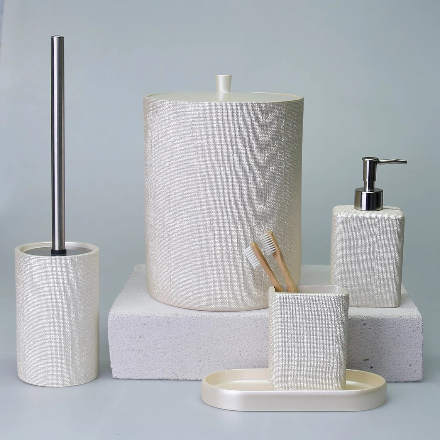 By Selim Linen İnci 5 Parça Polyester Banyo Seti 