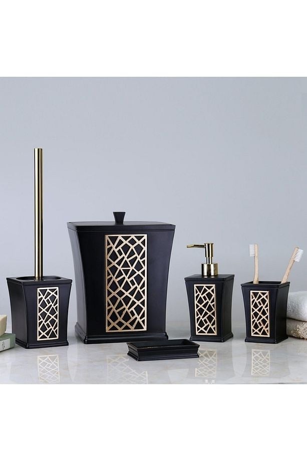 By Selim Mirage Siyah Altın 5 Parça Polyester Banyo Seti 
