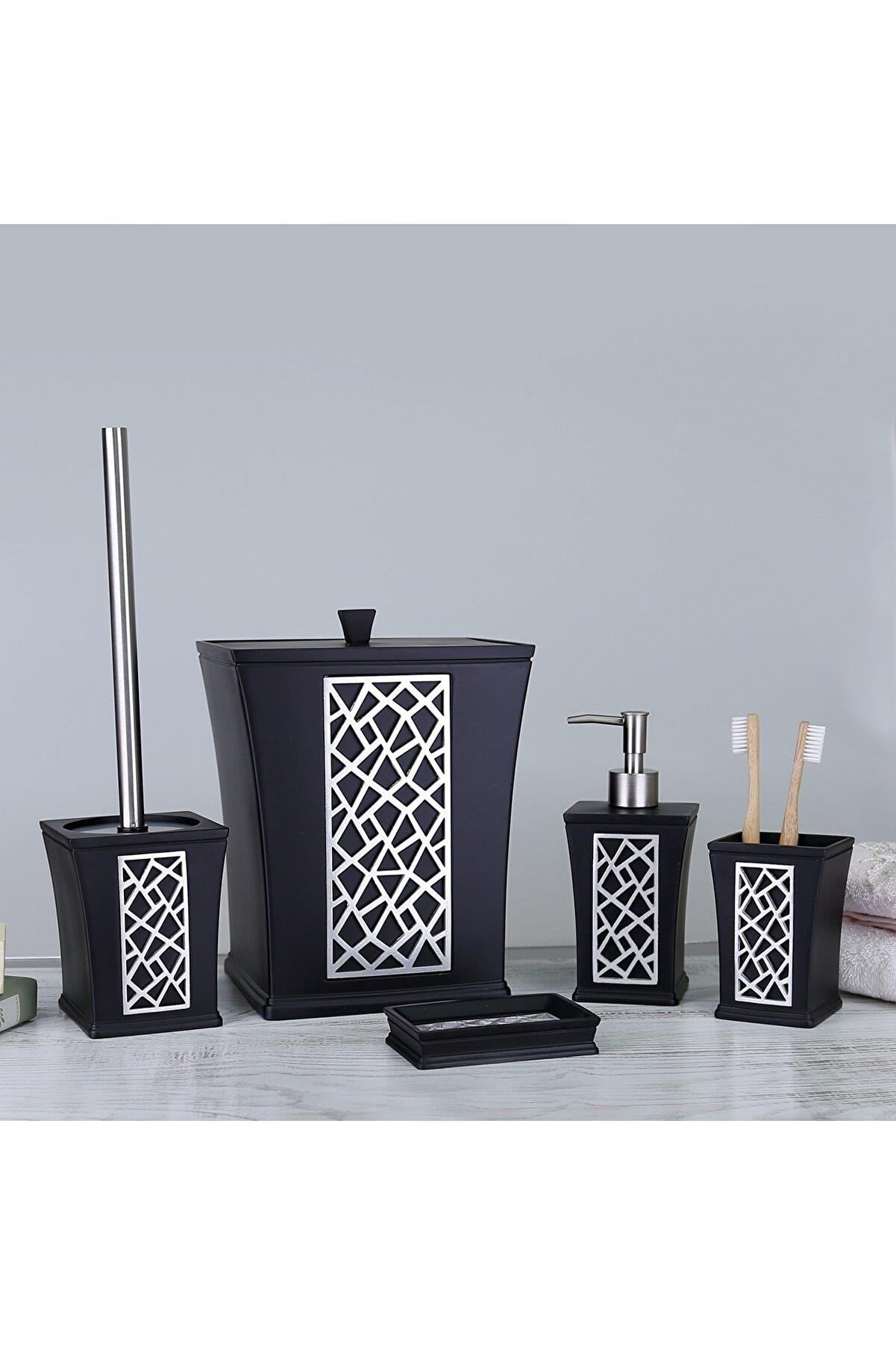 By Selim Mirage Siyah Gümüş 5 Parça Polyester Banyo Seti 