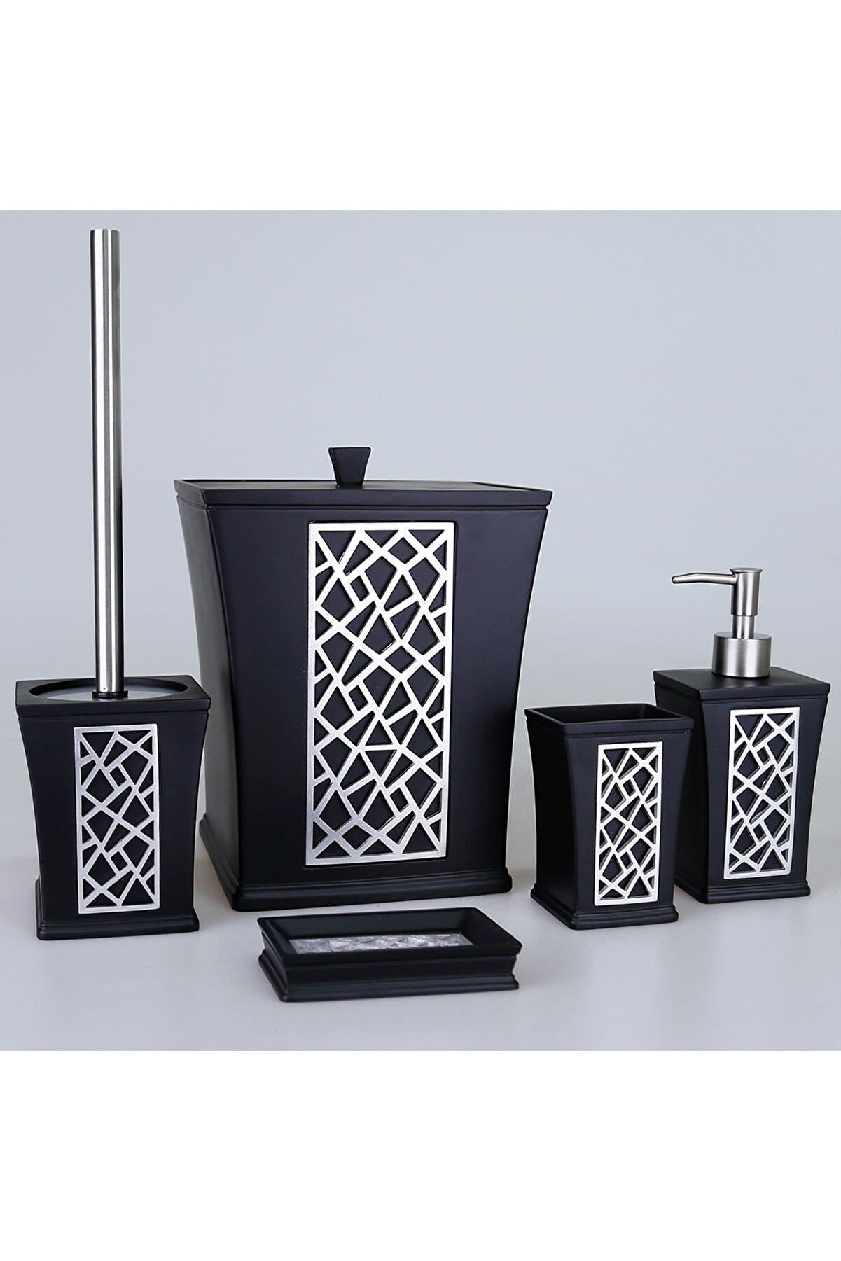 By Selim Mirage Siyah Gümüş 5 Parça Polyester Banyo Seti 