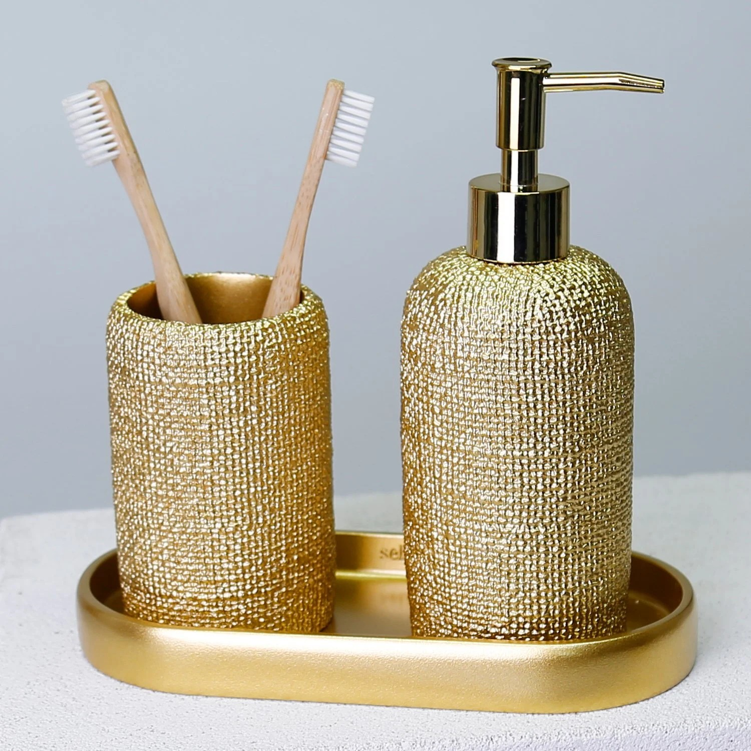 By Selim Natural Altın 5 Parça Polyester Banyo Seti 