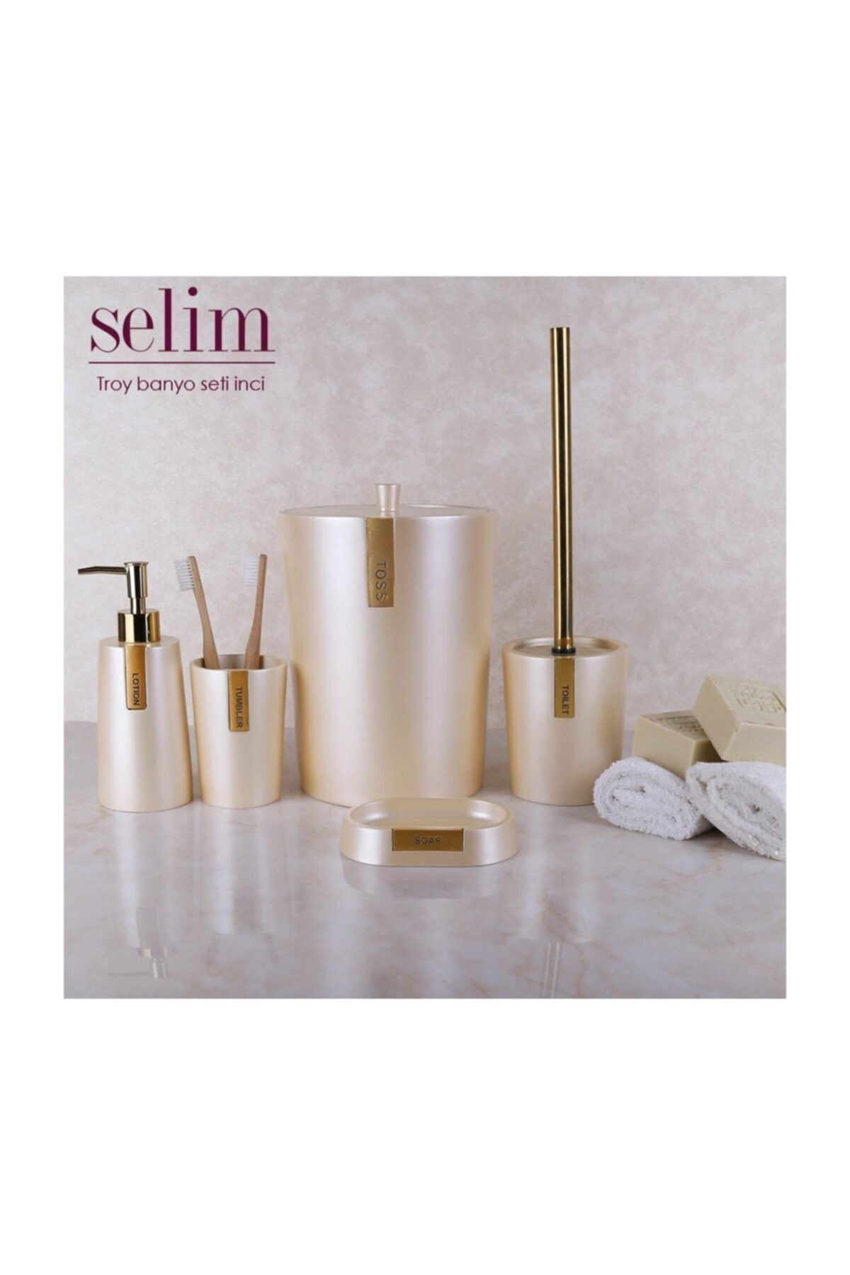 By Selim Troy İnci Altın 5 Parça Polyester Banyo Seti 