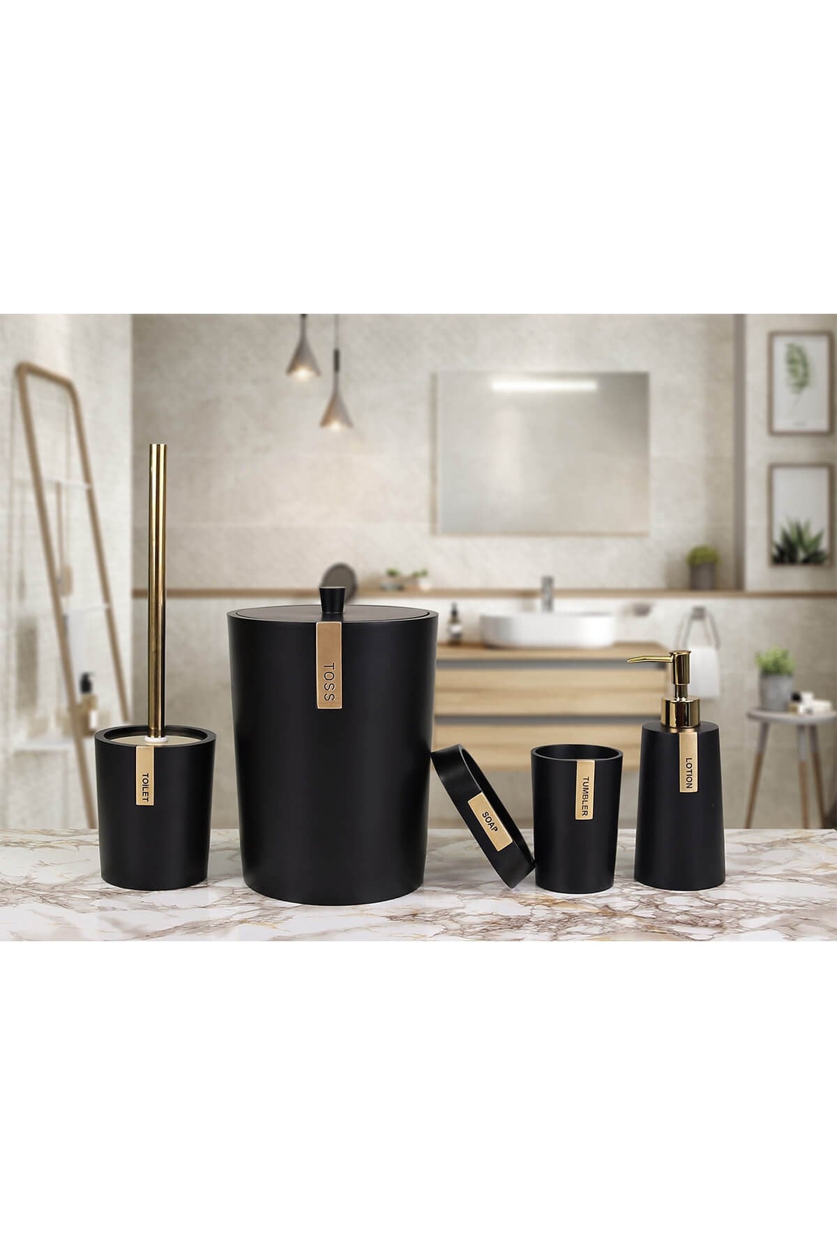 By Selim Troy Siyah Altın 5 Parça Polyester Banyo Seti 
