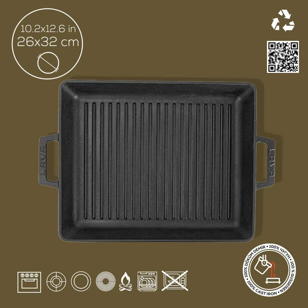 Lava Izgara Grill Demir Döküm Tava 26x32 Metal Kulplu LV ECO GT 2632 T3 