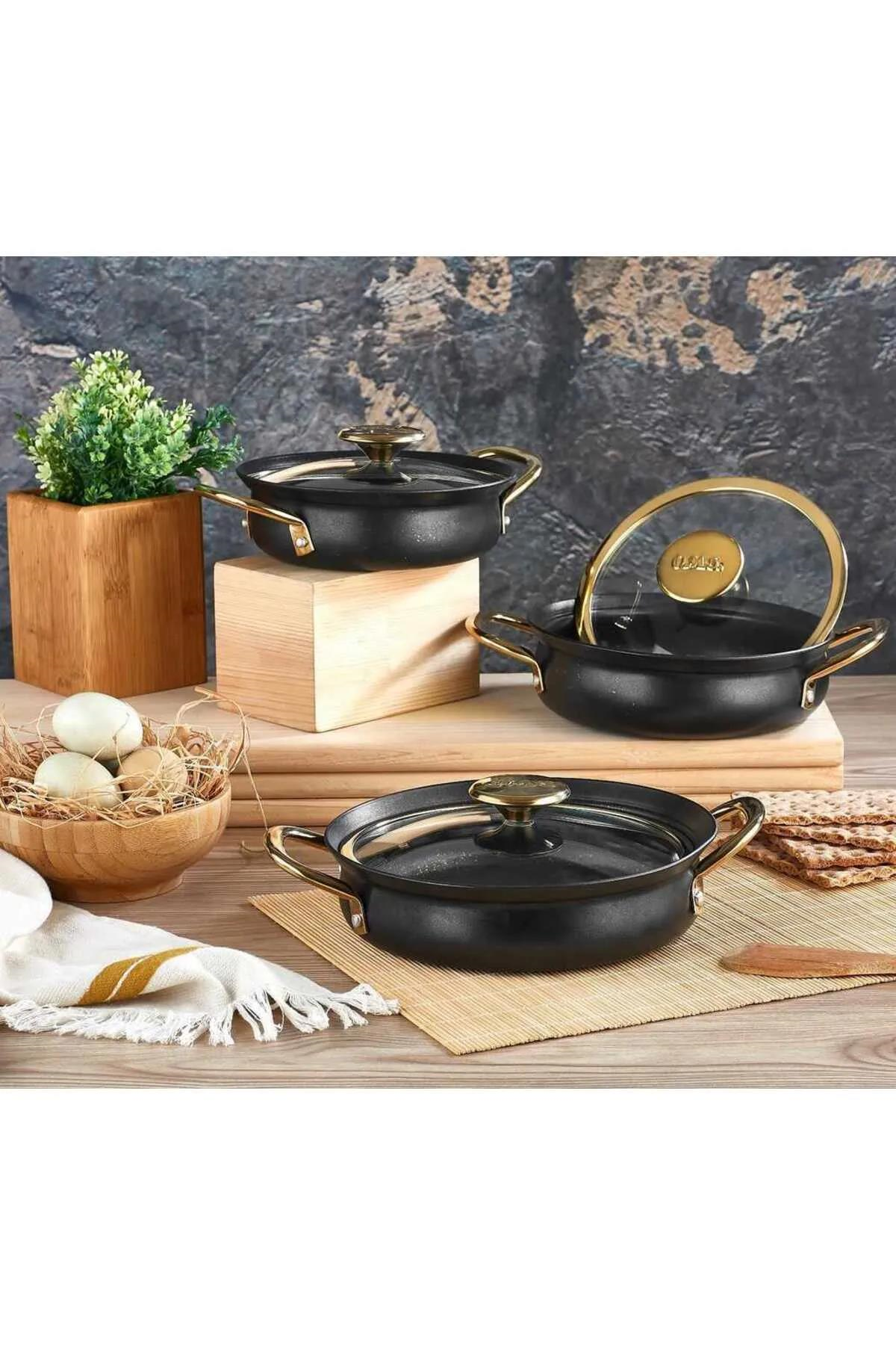 Oms 3724 6 Parça Granit Bakraç Sahan Seti 16-18-20 Cm Siyah Gold 