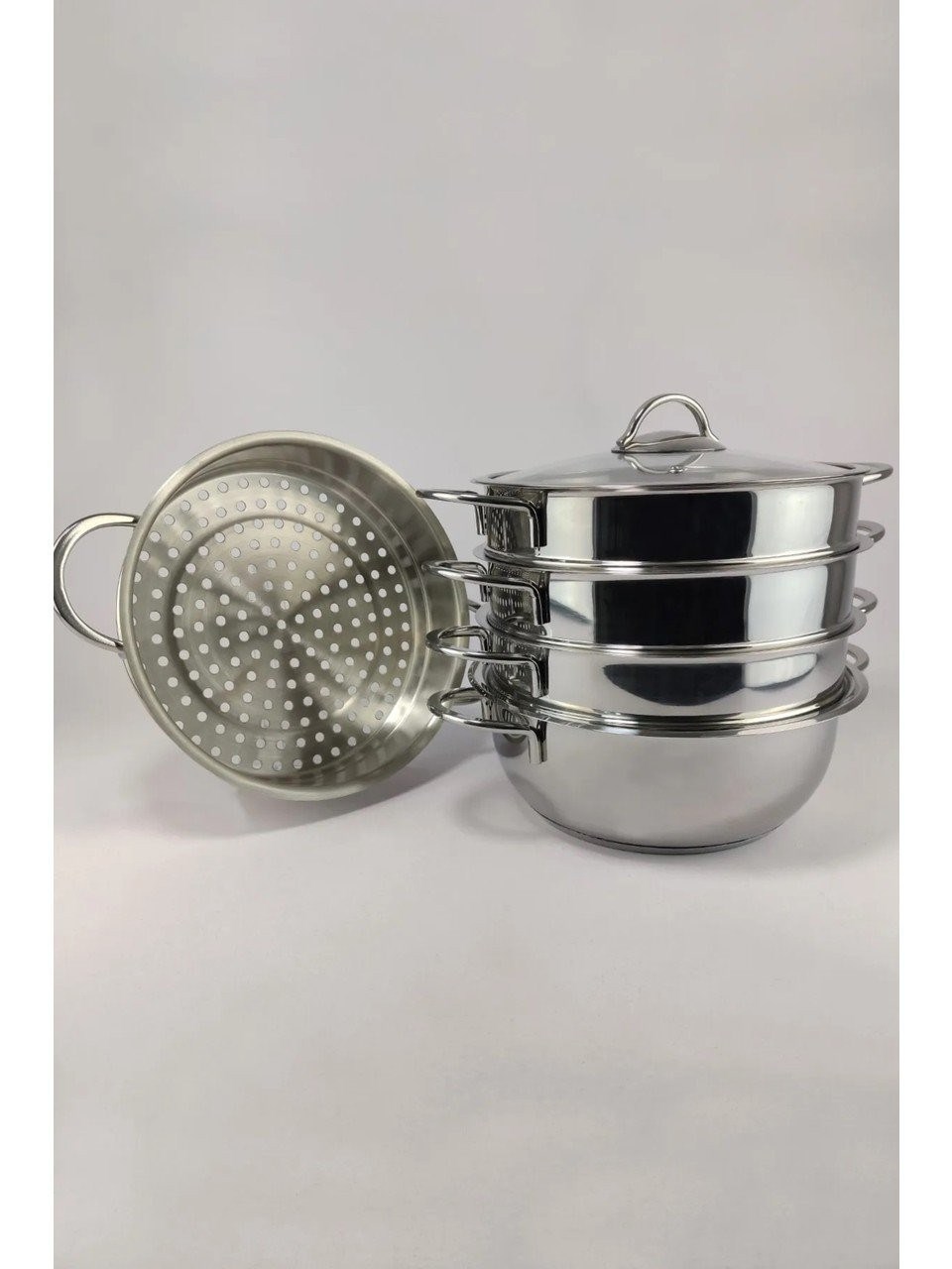 Oms 6090-C Mantı ve Haşlama Tenceresi 6 Parça Paslanmaz Çelik Cam Kapaklı 32x10 Cm 