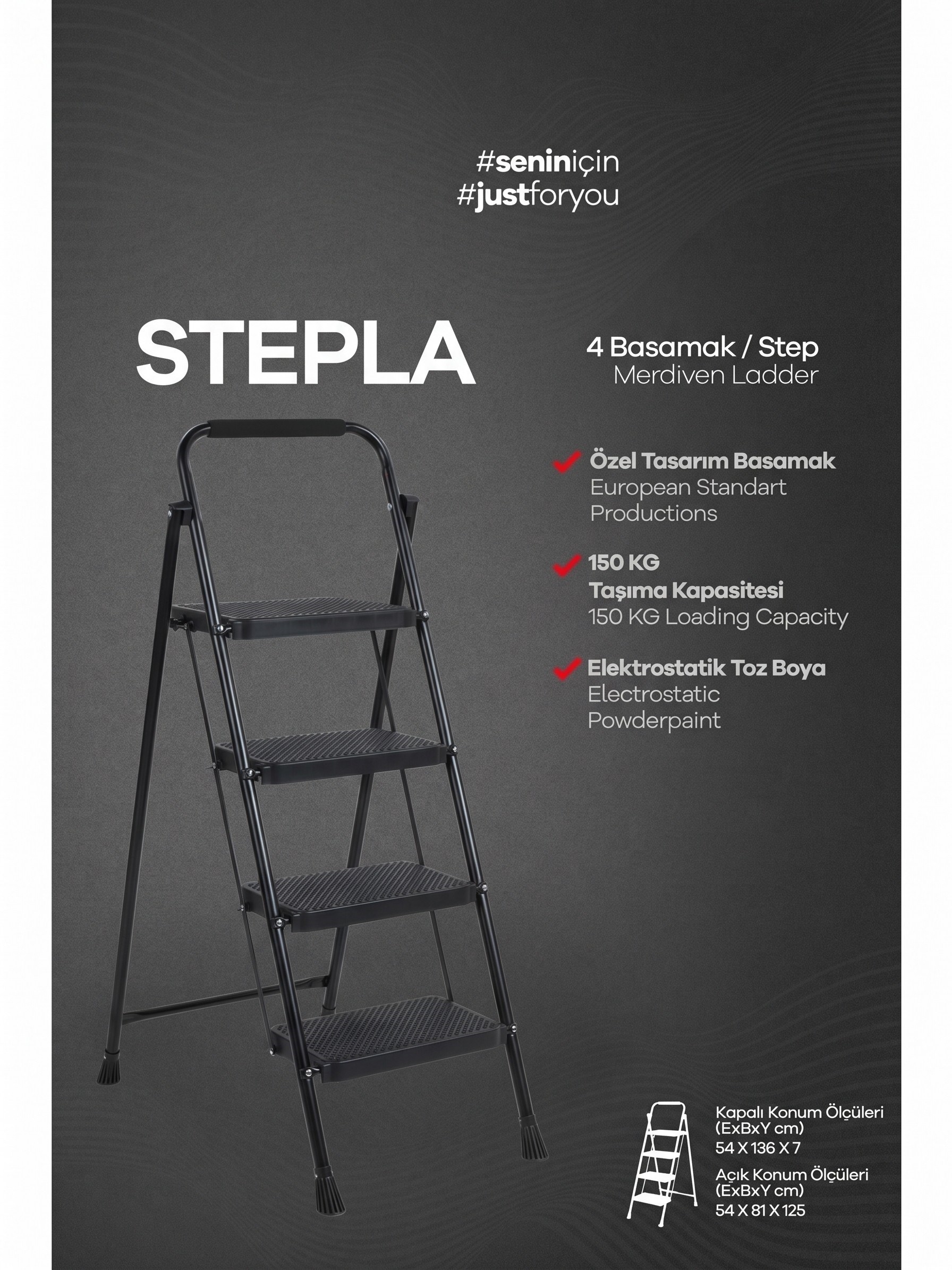 Perilla Stepla Katlanır Çelik Merdiven 4 Basamaklı Siyah Ev & Ofis Kullanımı 51404 