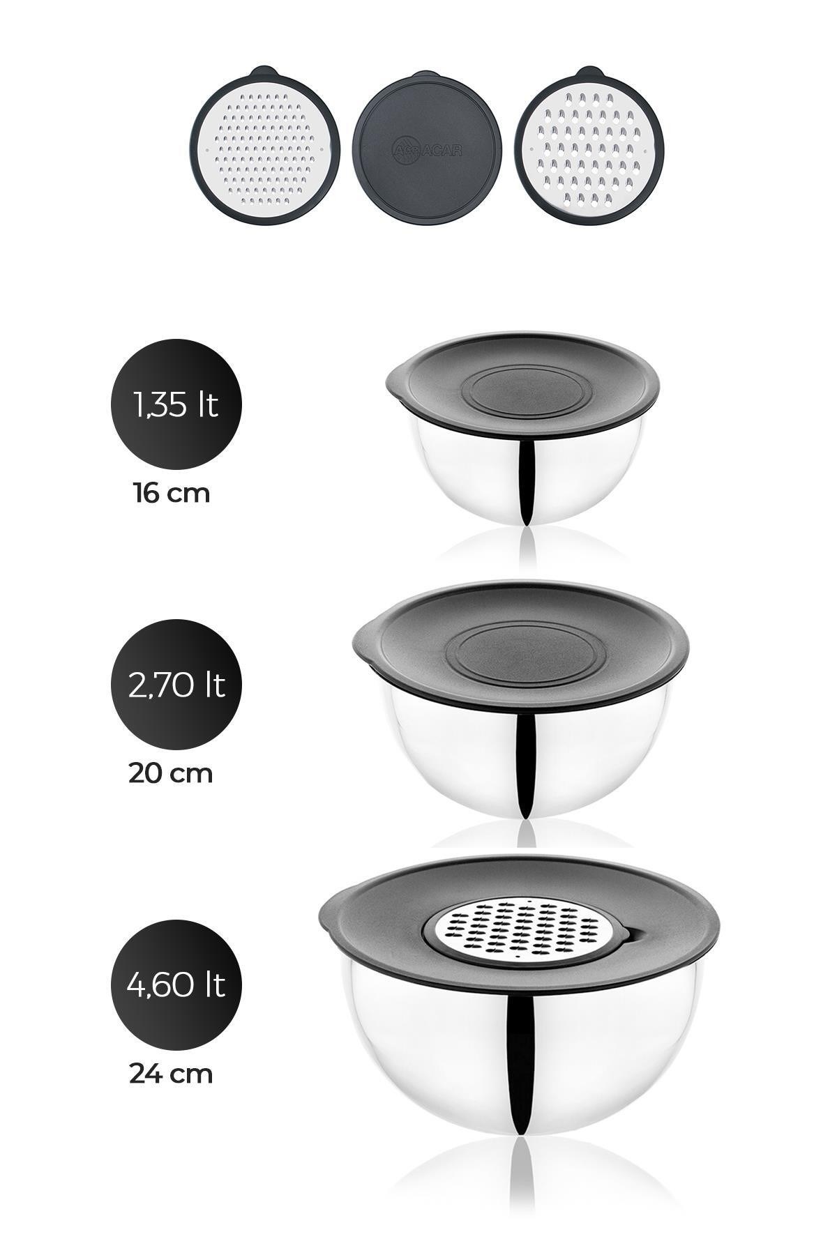 PratikŞef 9 Parça Rendeli Karıştırma ve Saklama Kabı Paslanmaz Çelik Blender Uyumlu (16-20-24 cm) 