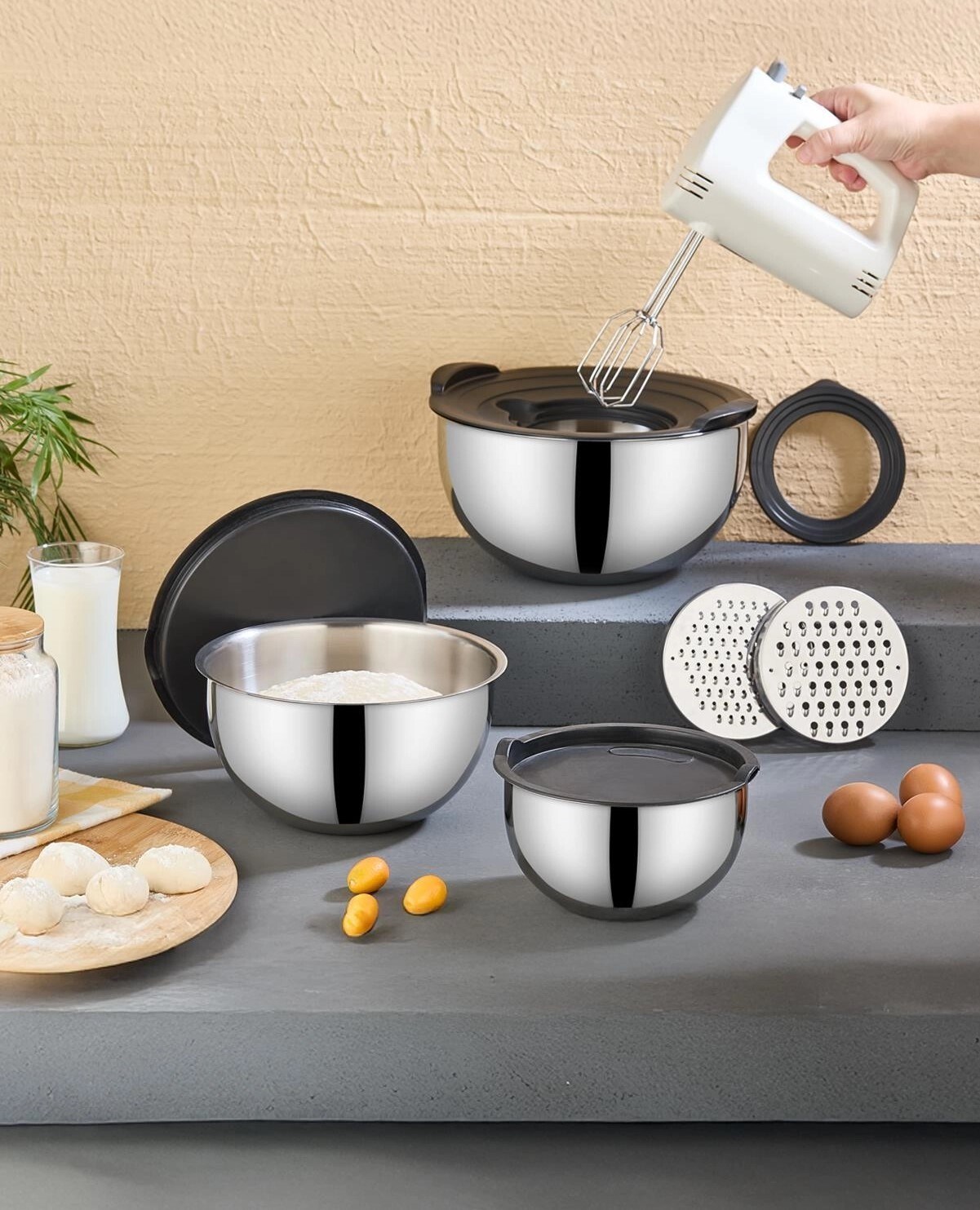 PratikŞef 9 Parça Rendeli Karıştırma ve Saklama Kabı Paslanmaz Çelik Blender Uyumlu (16-20-24 cm) 