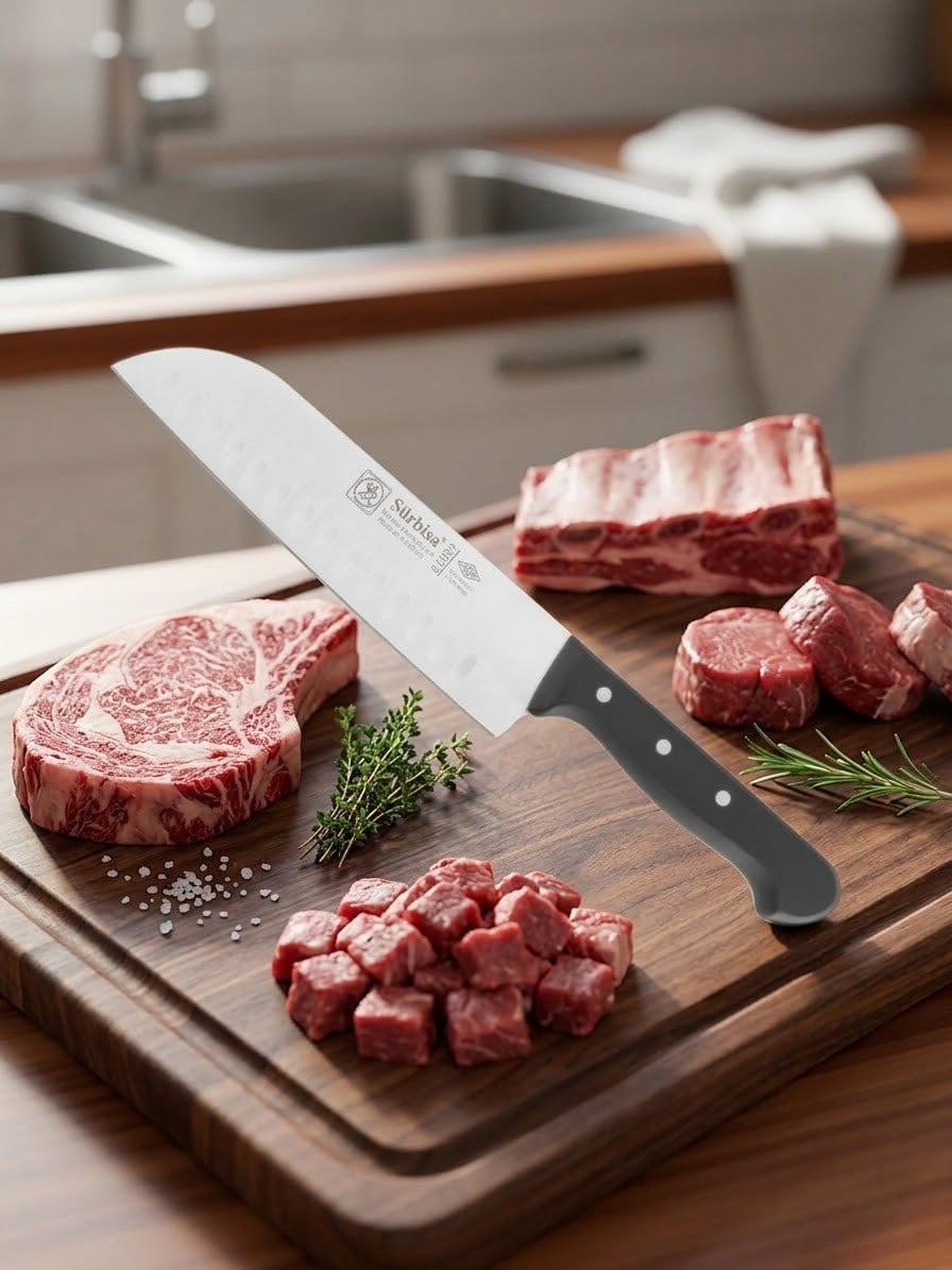 Sürmene Şef Aşçı Bıçağı Profesyonel Oluklu Santoku Bıçağı 31 cm Pimli Sap Sürbisa 61095 