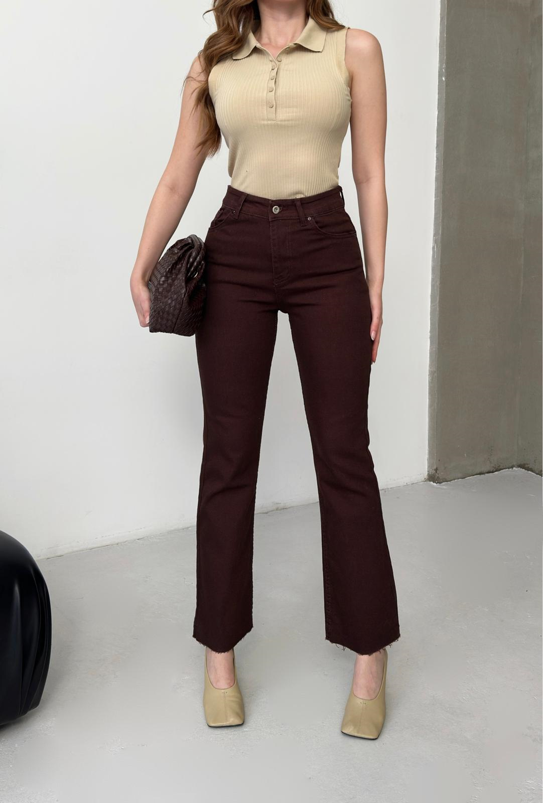 Paça Kesik Mom Fit Pantolon Kahve