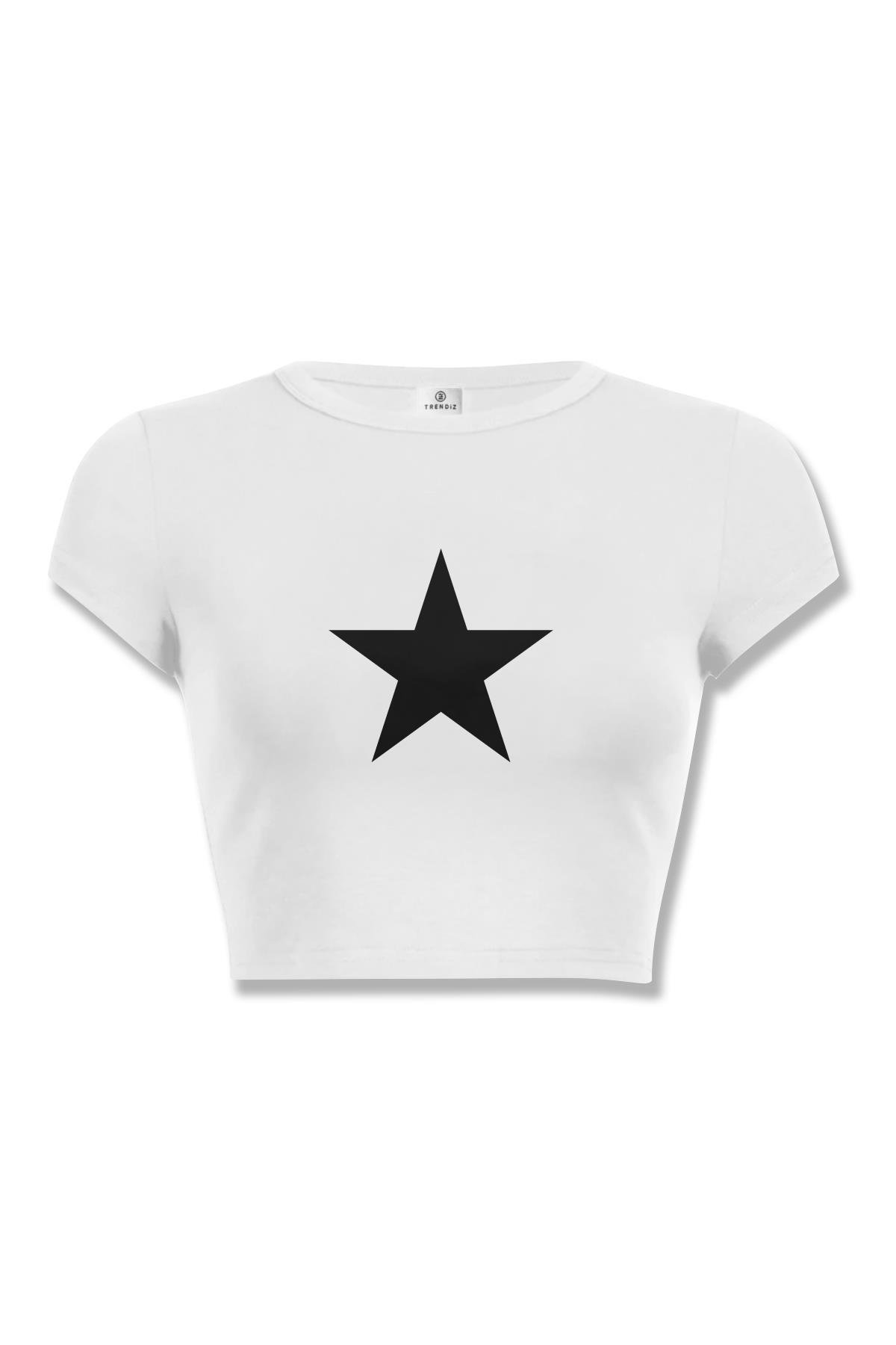 Kadın Black Star Crop Beyaz
