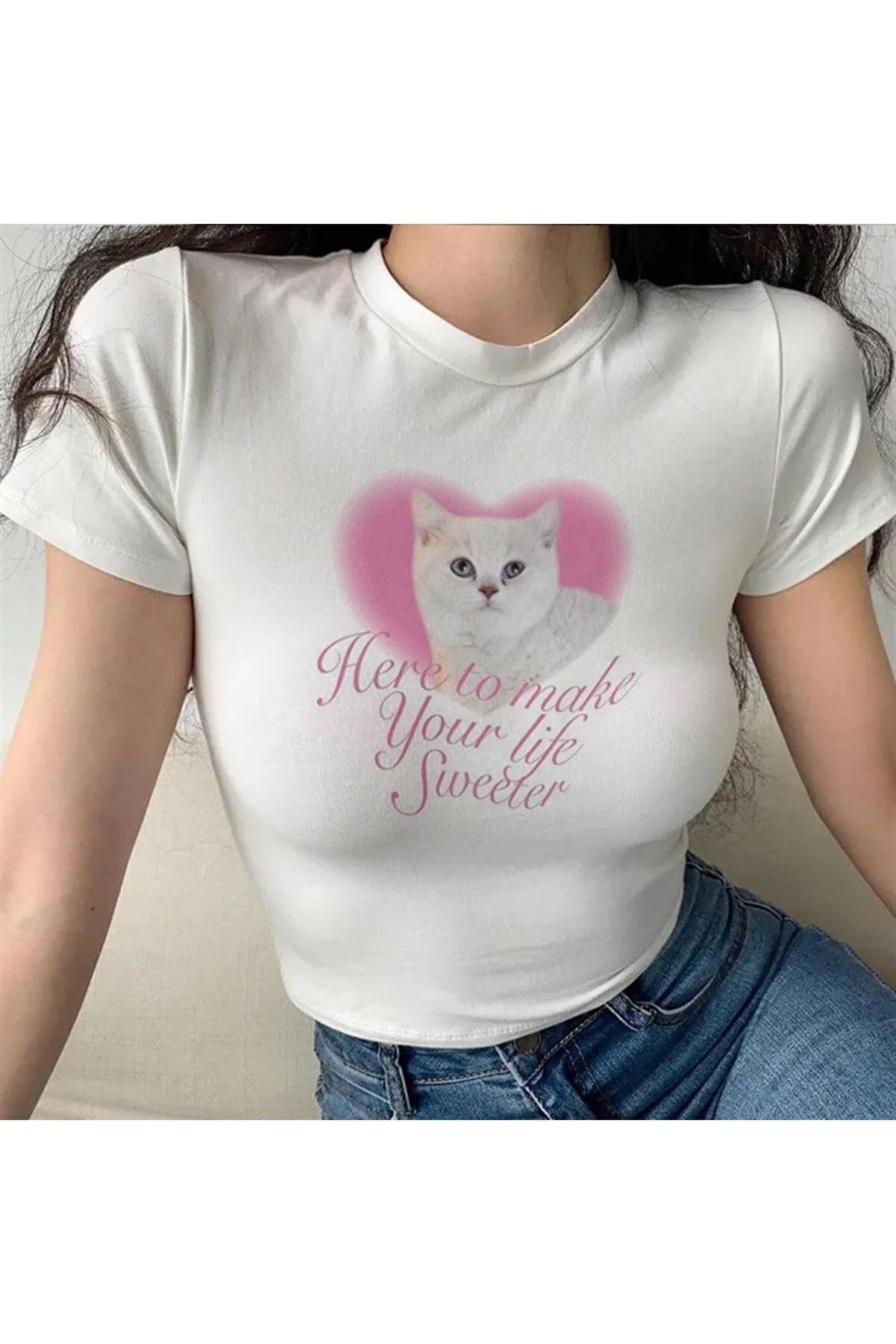 Kadın Pretty Cat & Heart Crop Beyaz