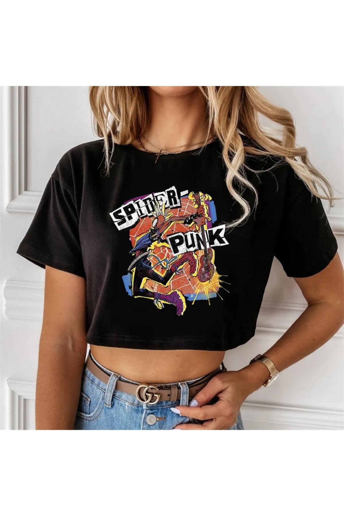 Kadın Spider Punk Crop Siyah