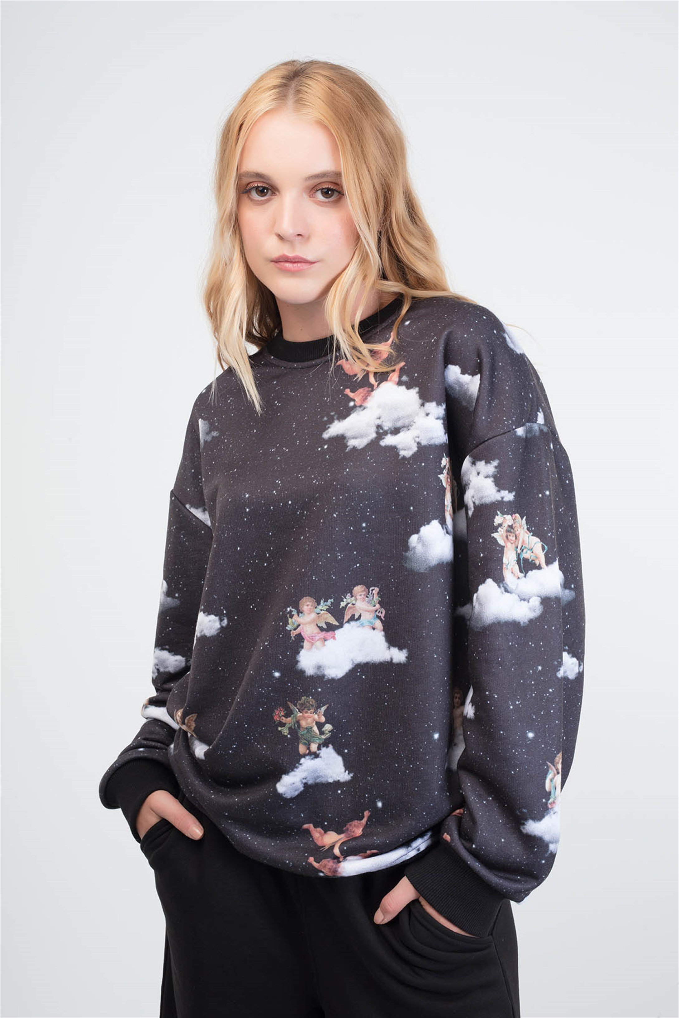 Trendiz Angel  Unisex Yuvarlak Yaka Sweatshirt Siyah 131104