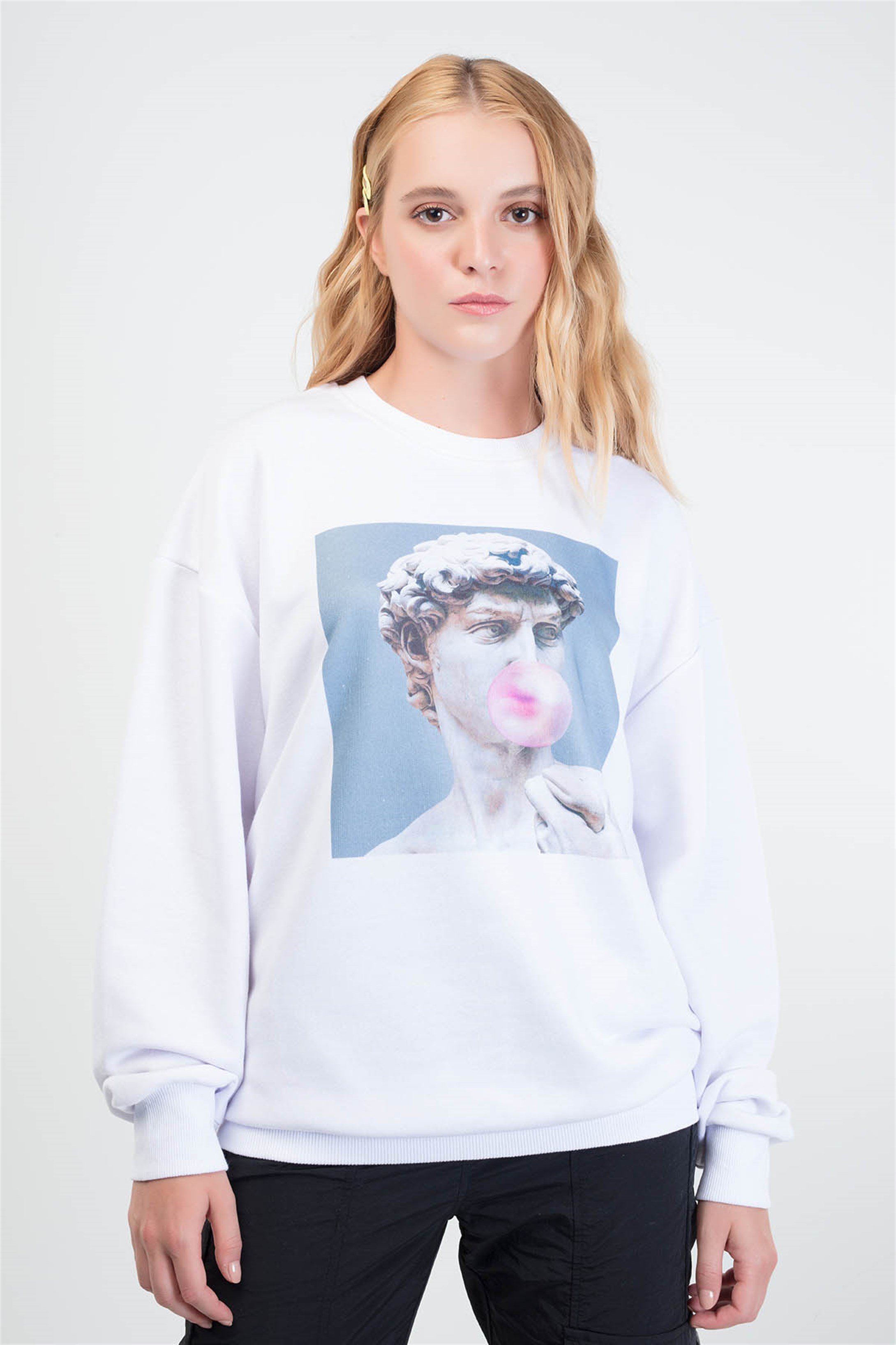 Trendiz Buble Yuvarlak Yaka Sweatshirt Beyaz 111118