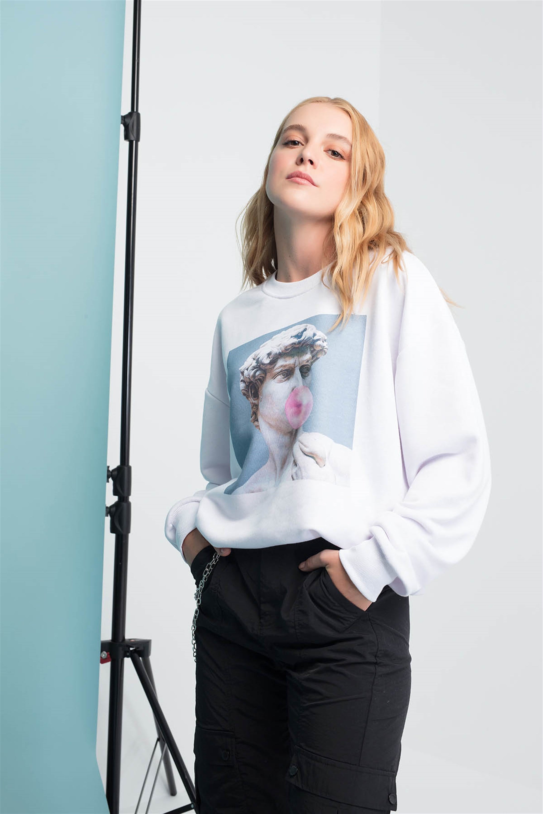 Trendiz Buble Yuvarlak Yaka Sweatshirt Beyaz 111118