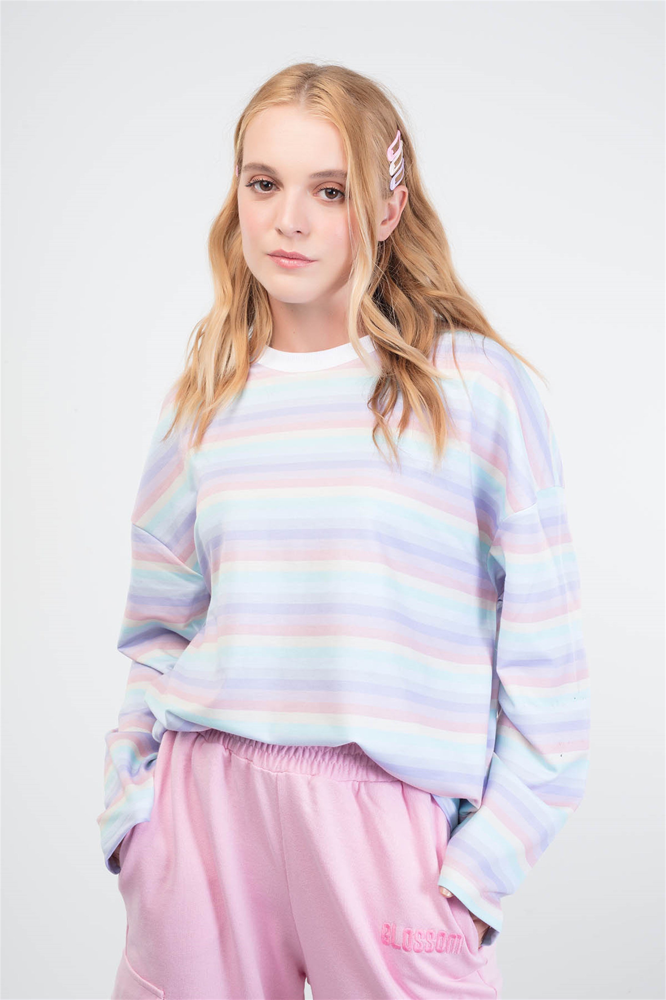 Trendiz Çizgili Yuvarlak Yaka Pembe 141104