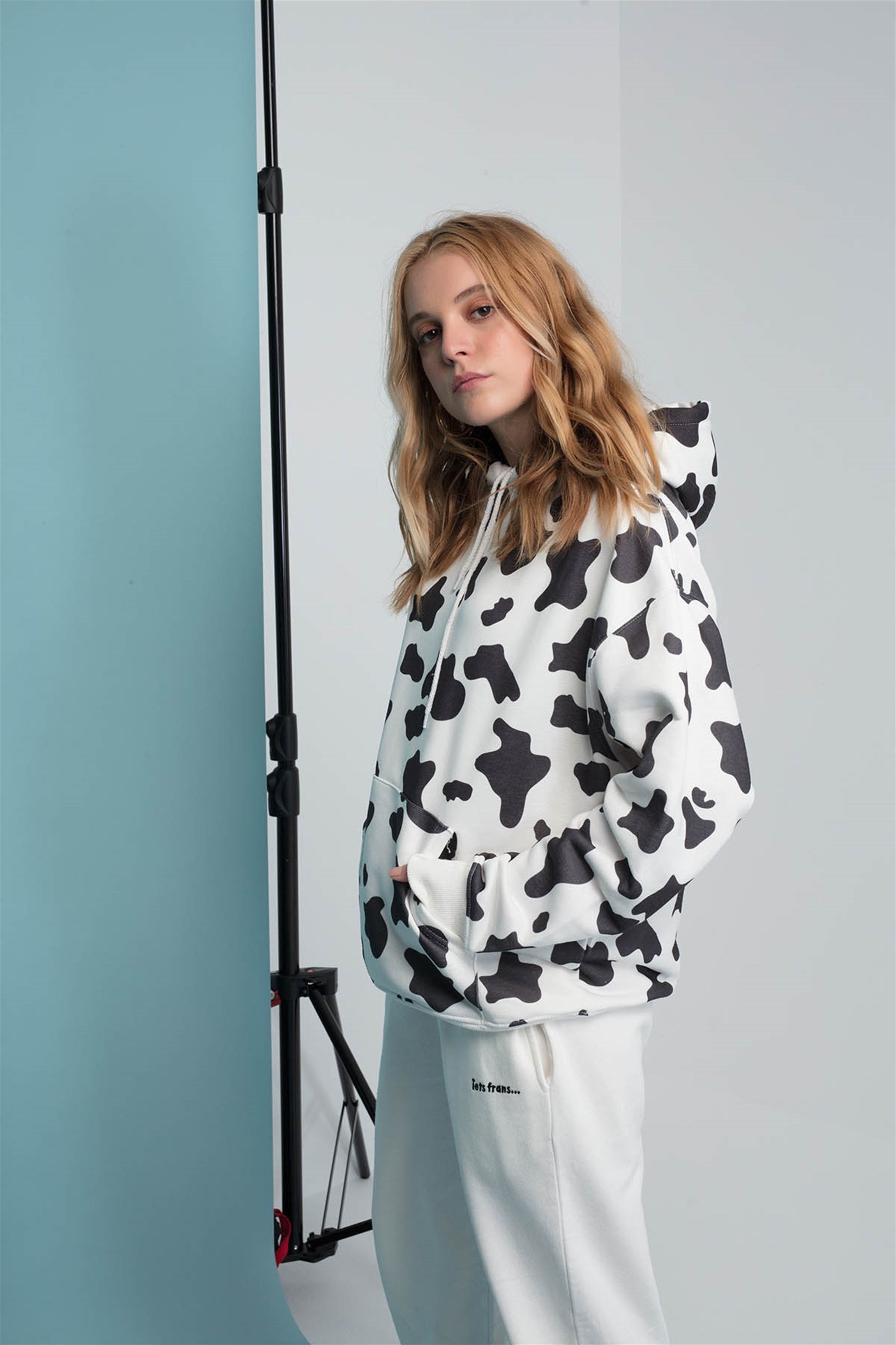 Trendiz Cow Unisex Hoodie Beyaz 111189