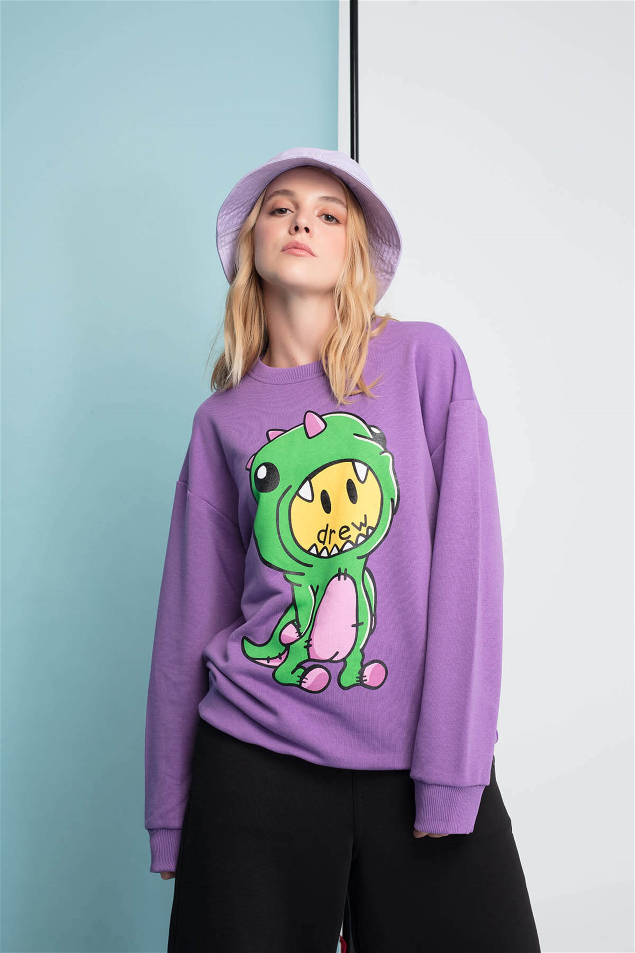 Trendiz Drew Dinosaur Unisex Yuvarlak Yaka Sweatshirt Mor 111171