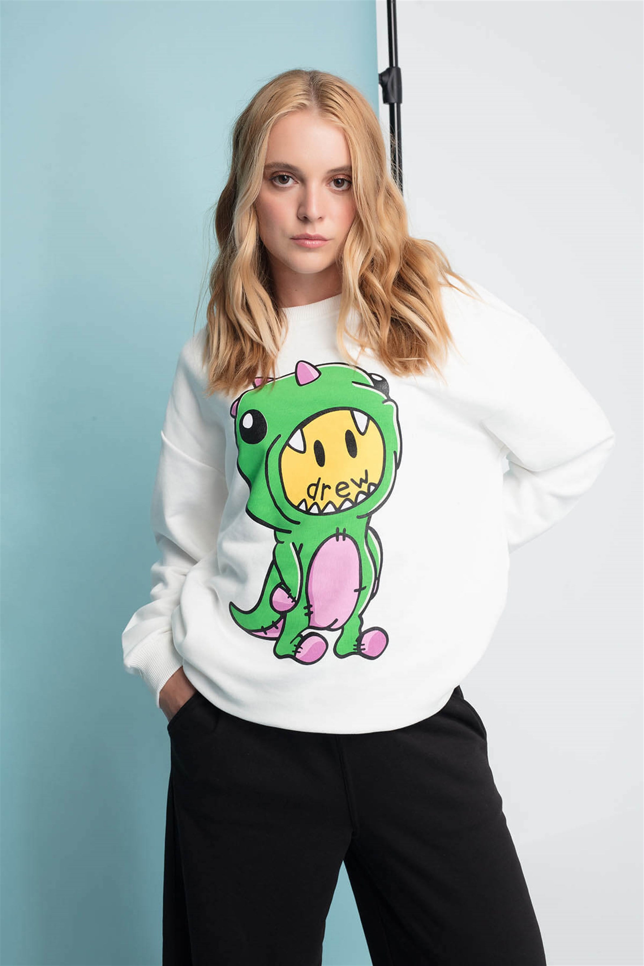 Trendiz Drew Dinosaur Unisex Yuvarlak Yaka Sweatshirt Beyaz 111172