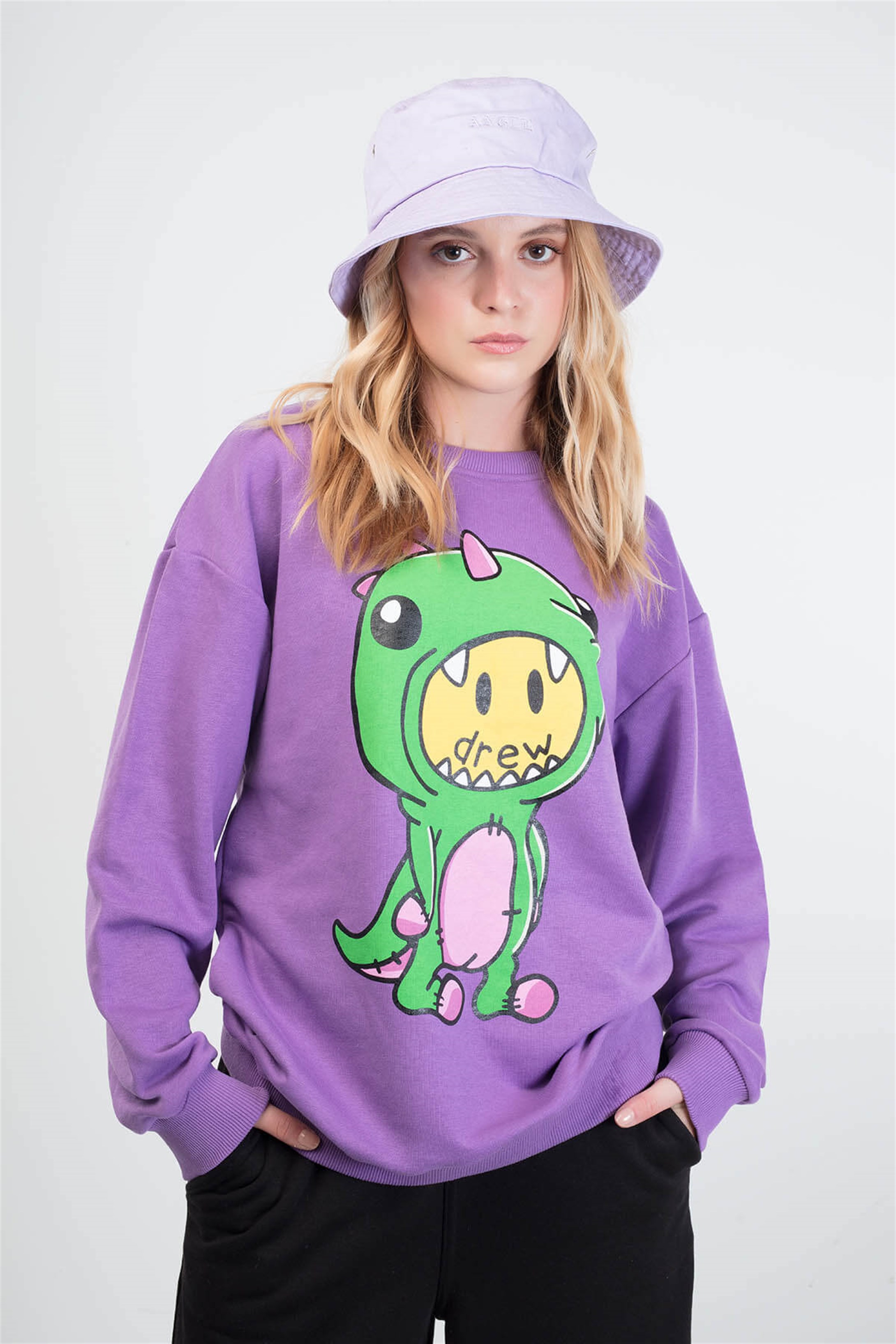 Trendiz Drew Dinosaur Unisex Yuvarlak Yaka Sweatshirt Mor 111171
