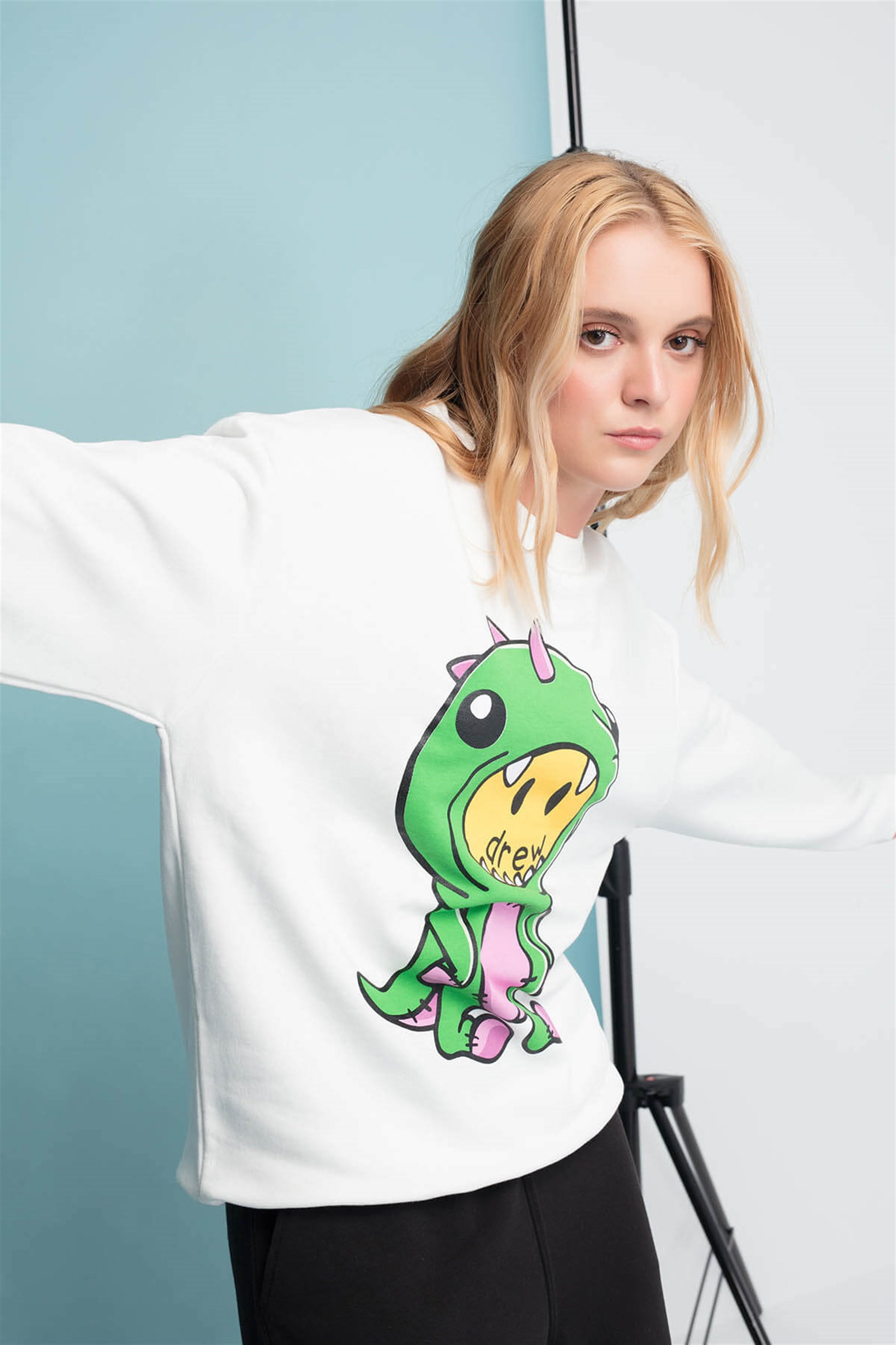 Trendiz Drew Dinosaur Unisex Yuvarlak Yaka Sweatshirt Beyaz 111172