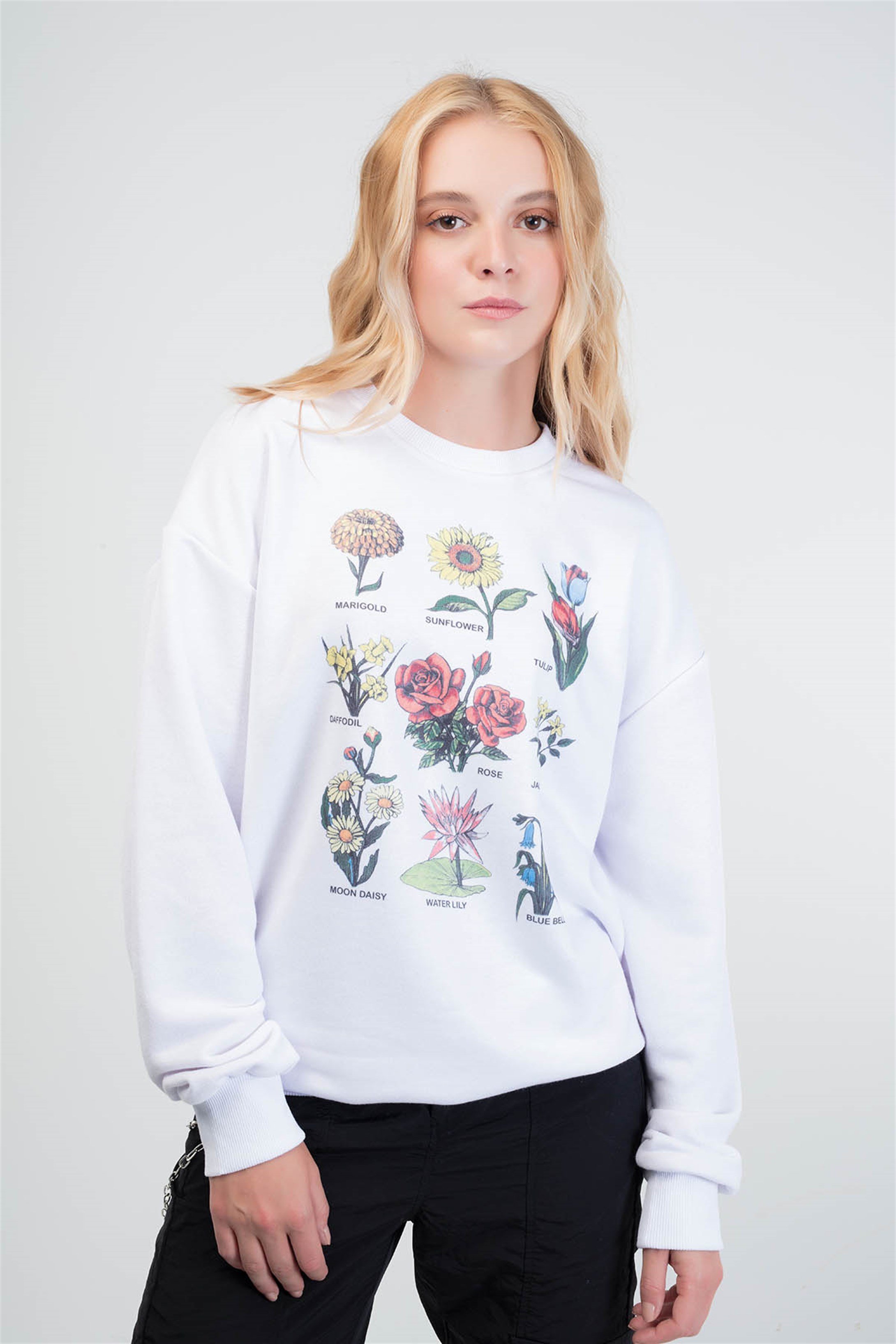 Trendiz Flowers Yuvarlak Yaka Sweatshirt Beyaz 111137