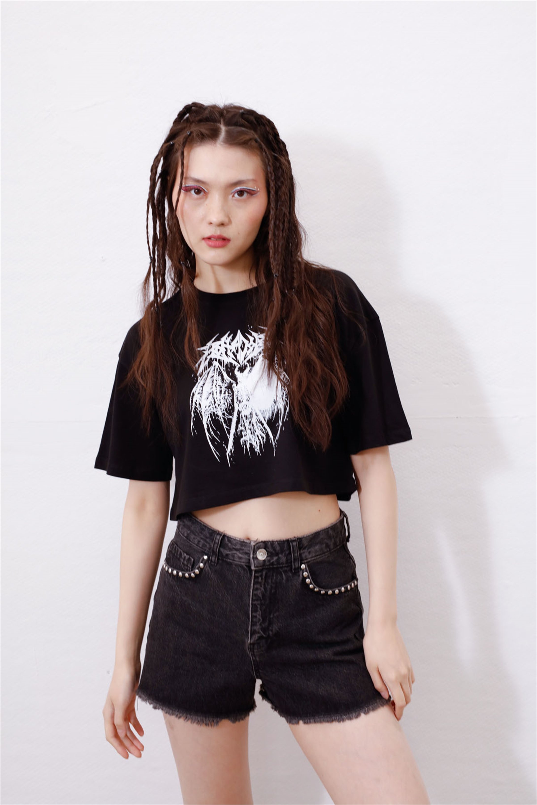 Trendiz Kadın Gothic İskelet Crop Siyah
