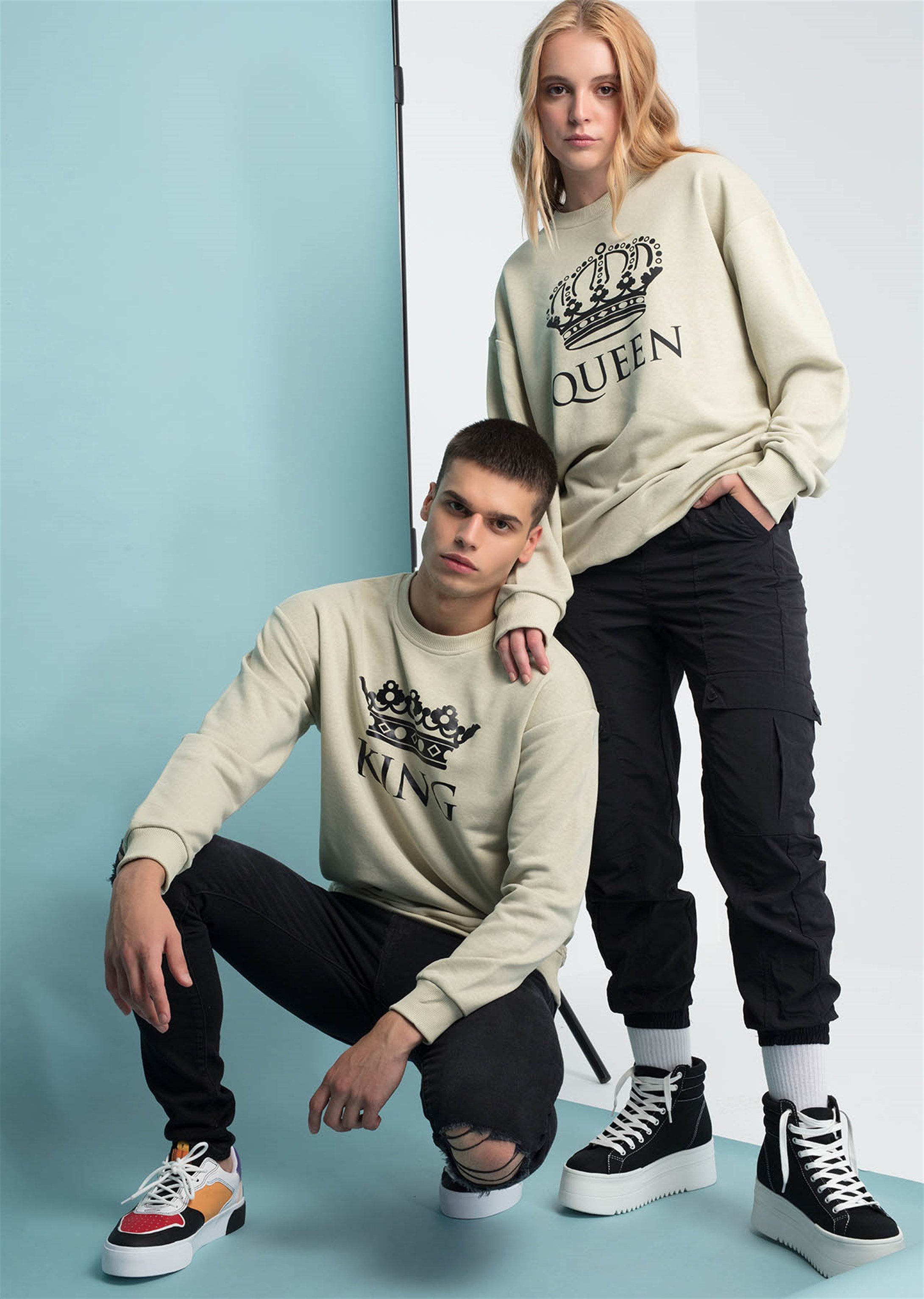 Trendiz King Couple Erkek Yuvarlak Yaka Sweatshirt Bej 121106