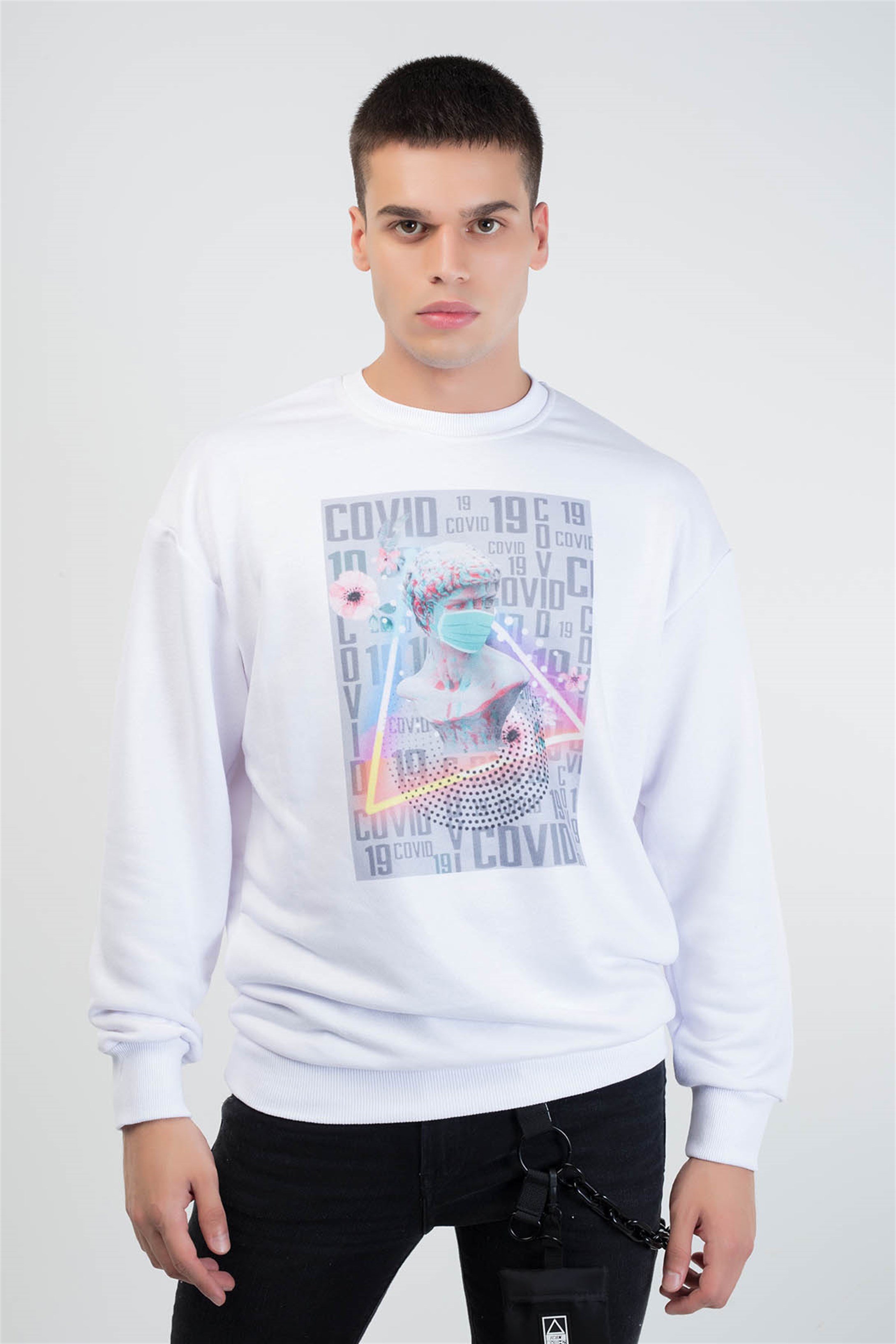 Trendiz Mask Yuvarlak Yaka Sweatshirt Beyaz 111117
