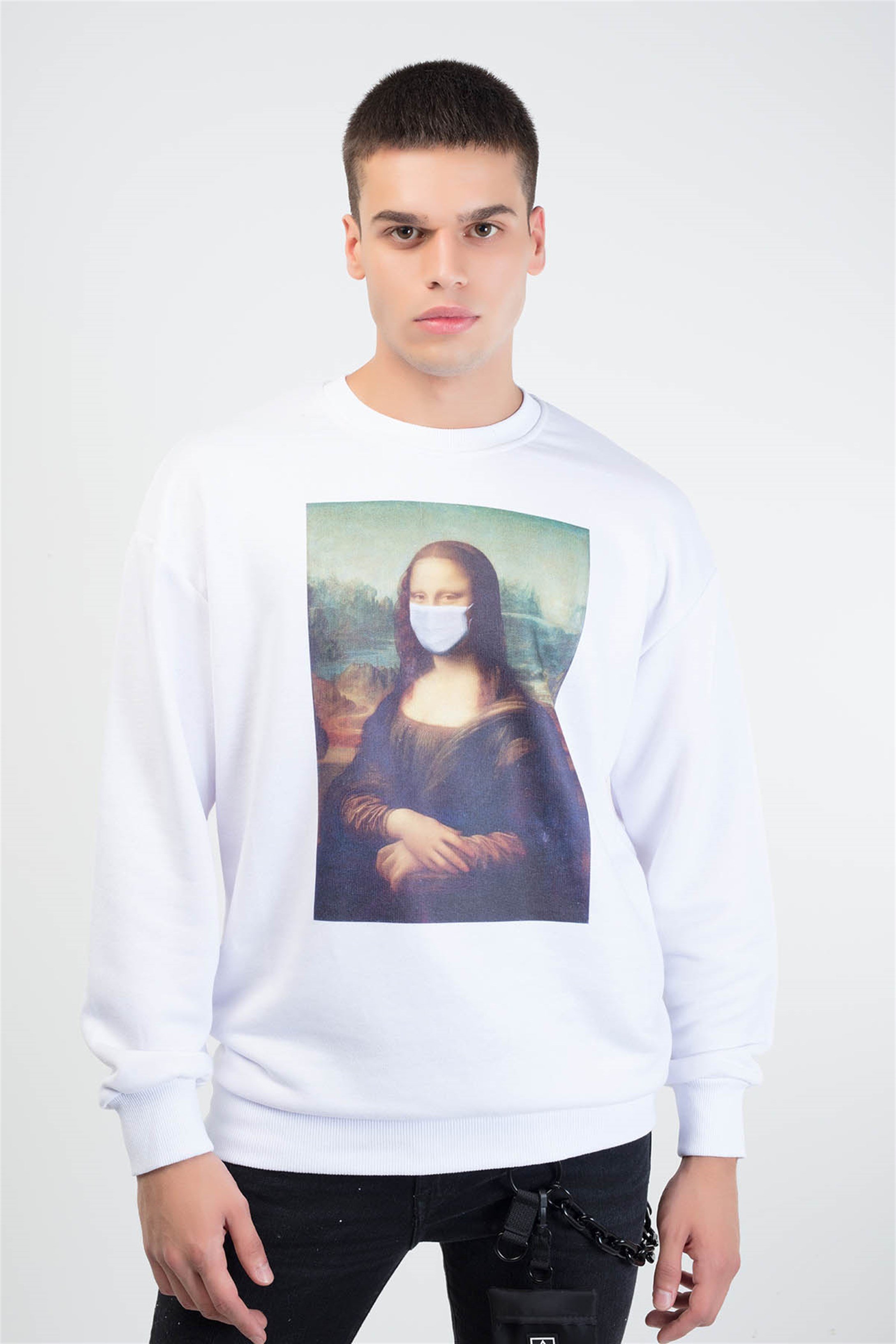 Trendiz Mona Lisa Mask Yuvarlak Yaka Sweatshirt Beyaz 111119