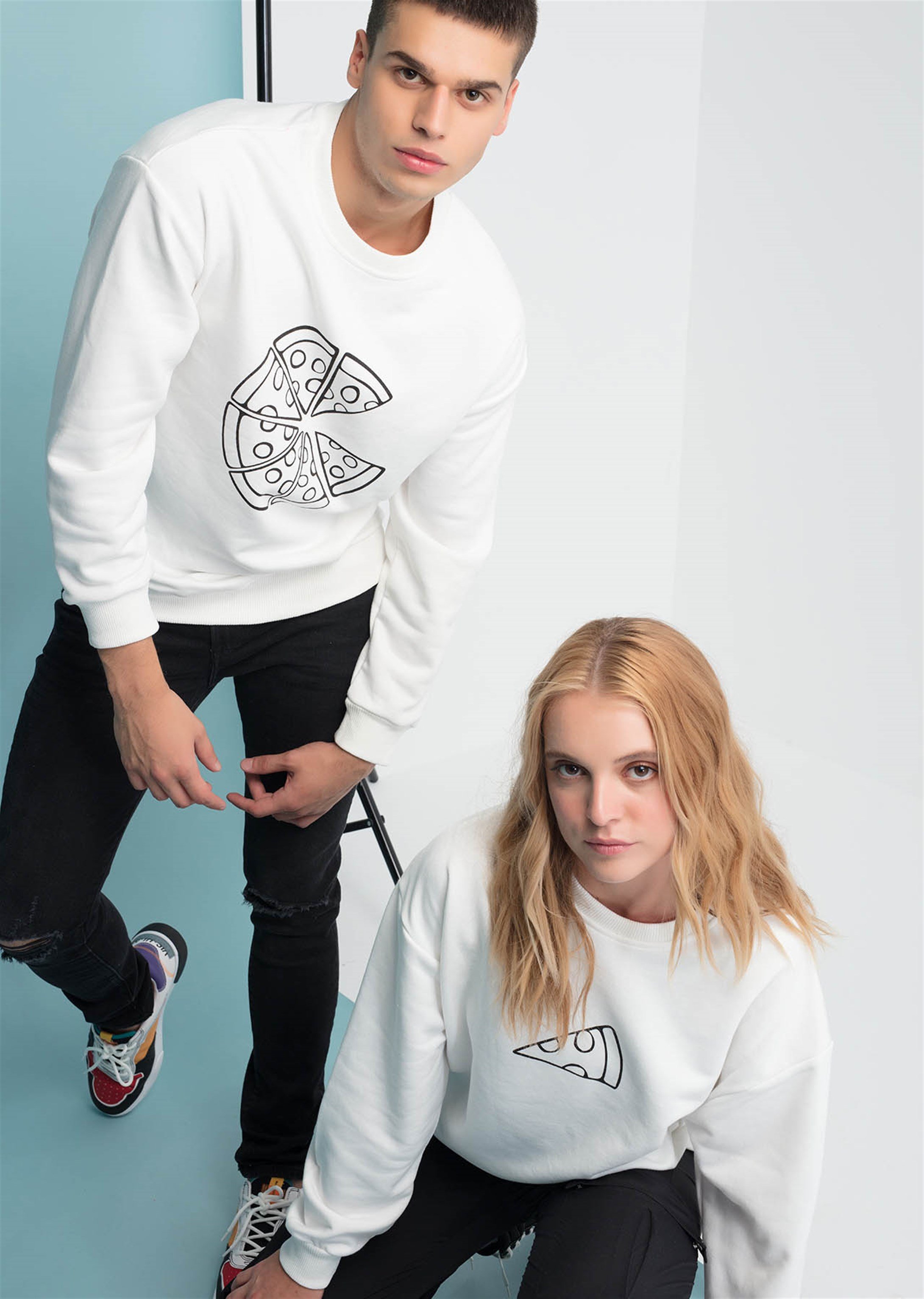 Trendiz Pizza Couple Erkek Yuvarlak Yaka Sweatshirt Beyaz 121107