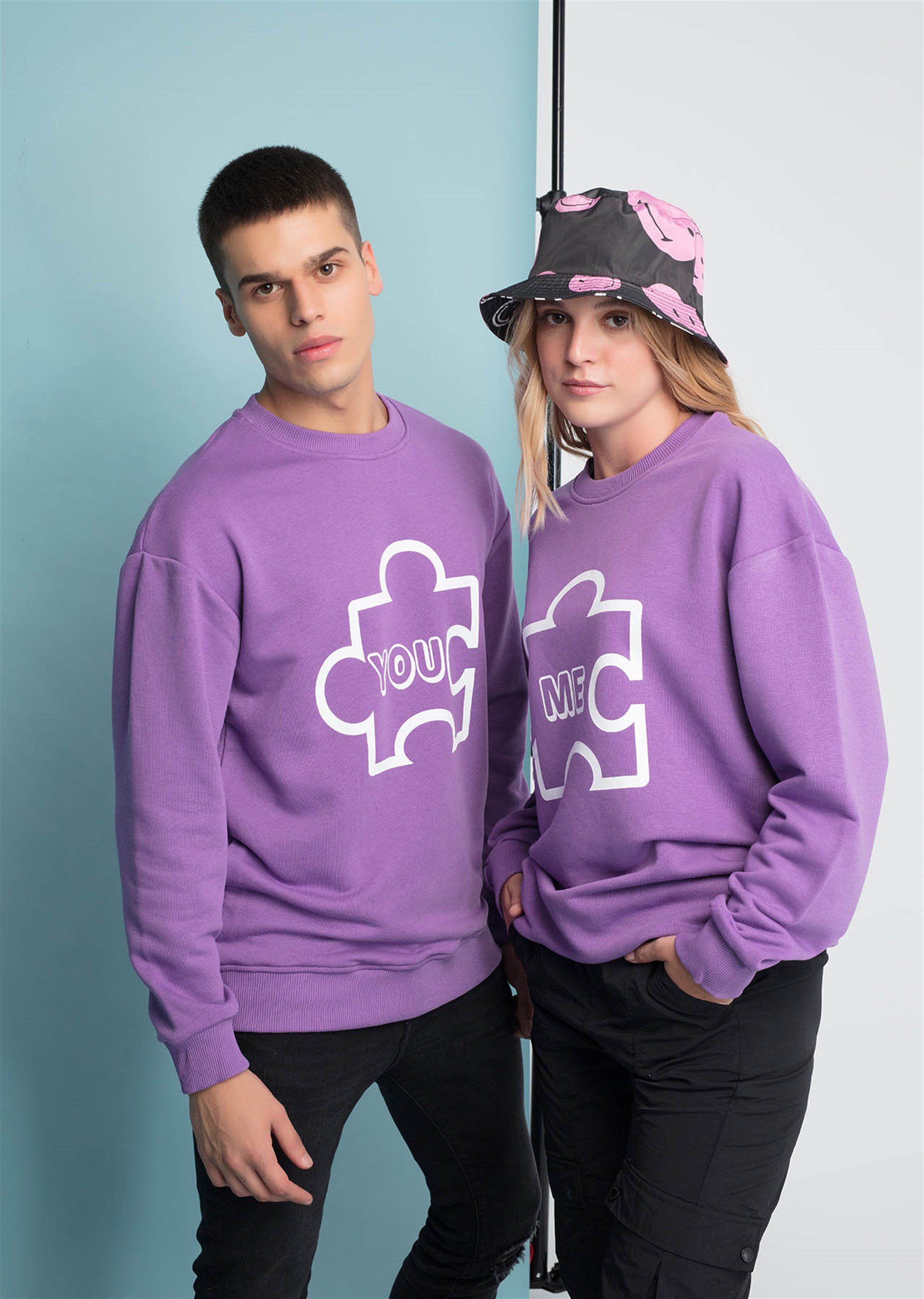 Trendiz Puzzle Couple Erkek Yuvarlak Yaka Sweatshirt Mor 121109