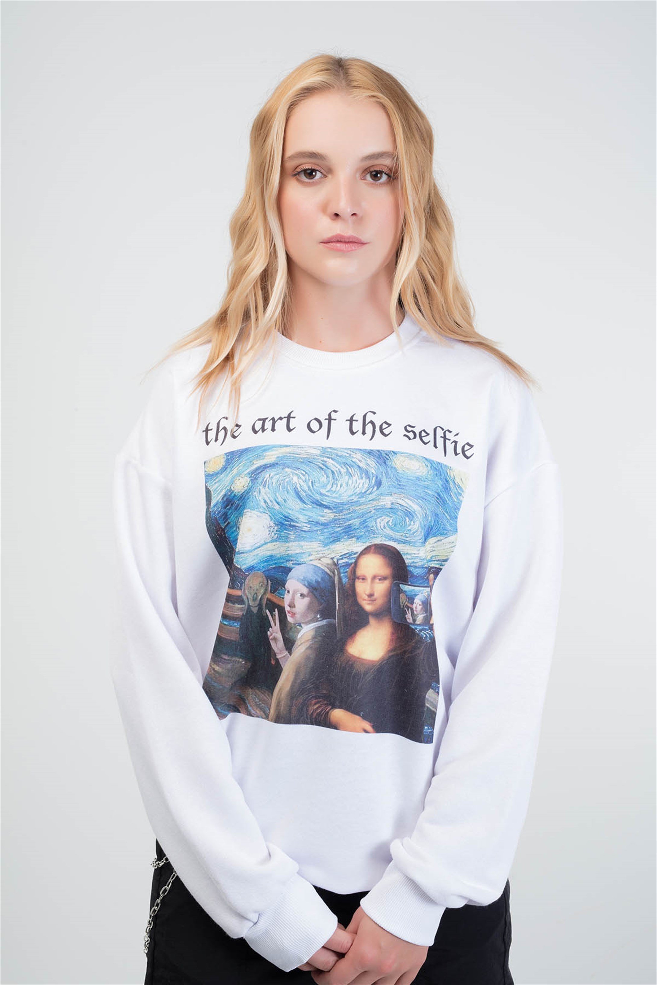 Trendiz Selfie Yuvarlak Yaka Sweatshirt Beyaz 111132