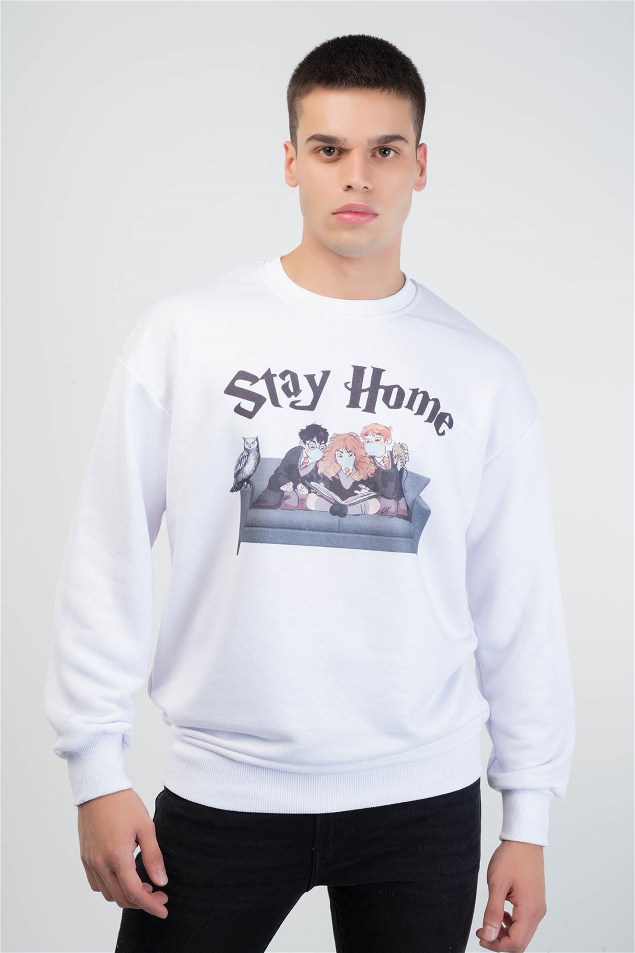 Trendiz Stay Home Yuvarlak Yaka Sweatshirt Beyaz 111127